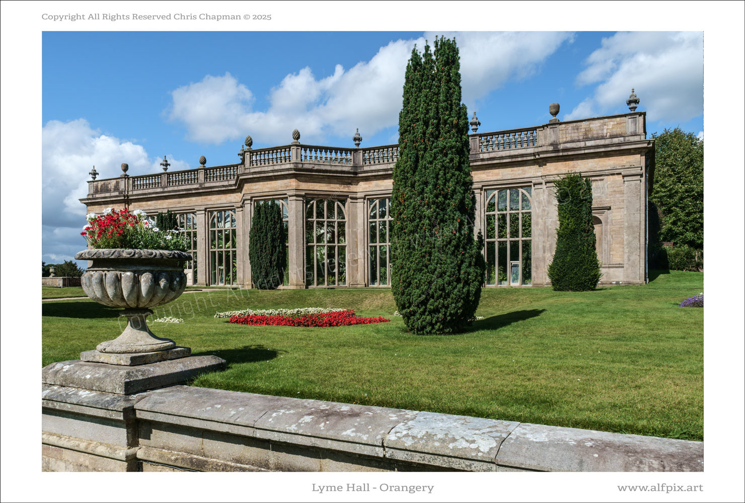 Lyme Park orangery. colour image. Suney day. blue sky. 