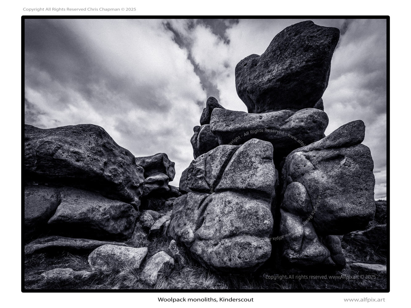 Dramatic shot of Kinderscoutian monoliths. Woolpack stones - there are thousands of stones here to marvel at. They have been weathered over millions of years into unique and fascinating forms. They are seen near the start of the Pennine way near Edale. 