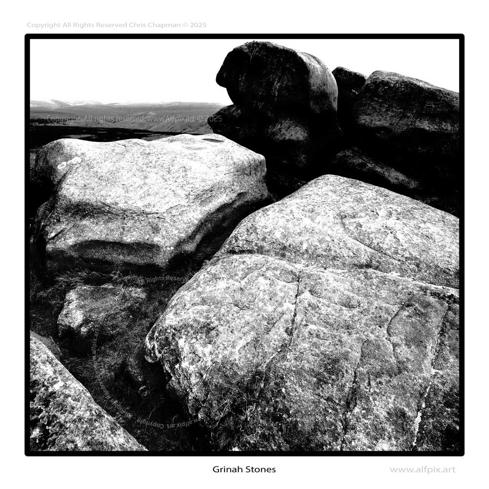 Grinah Stones part thereof. A huge fault of tumbling boulders that falls down a moorland cliff edge. Quite remote and difficult to get to. Photographed a few years back when I was more able. Monochrome image. Rocks. Geology. Alfpix.art Chris Chapman