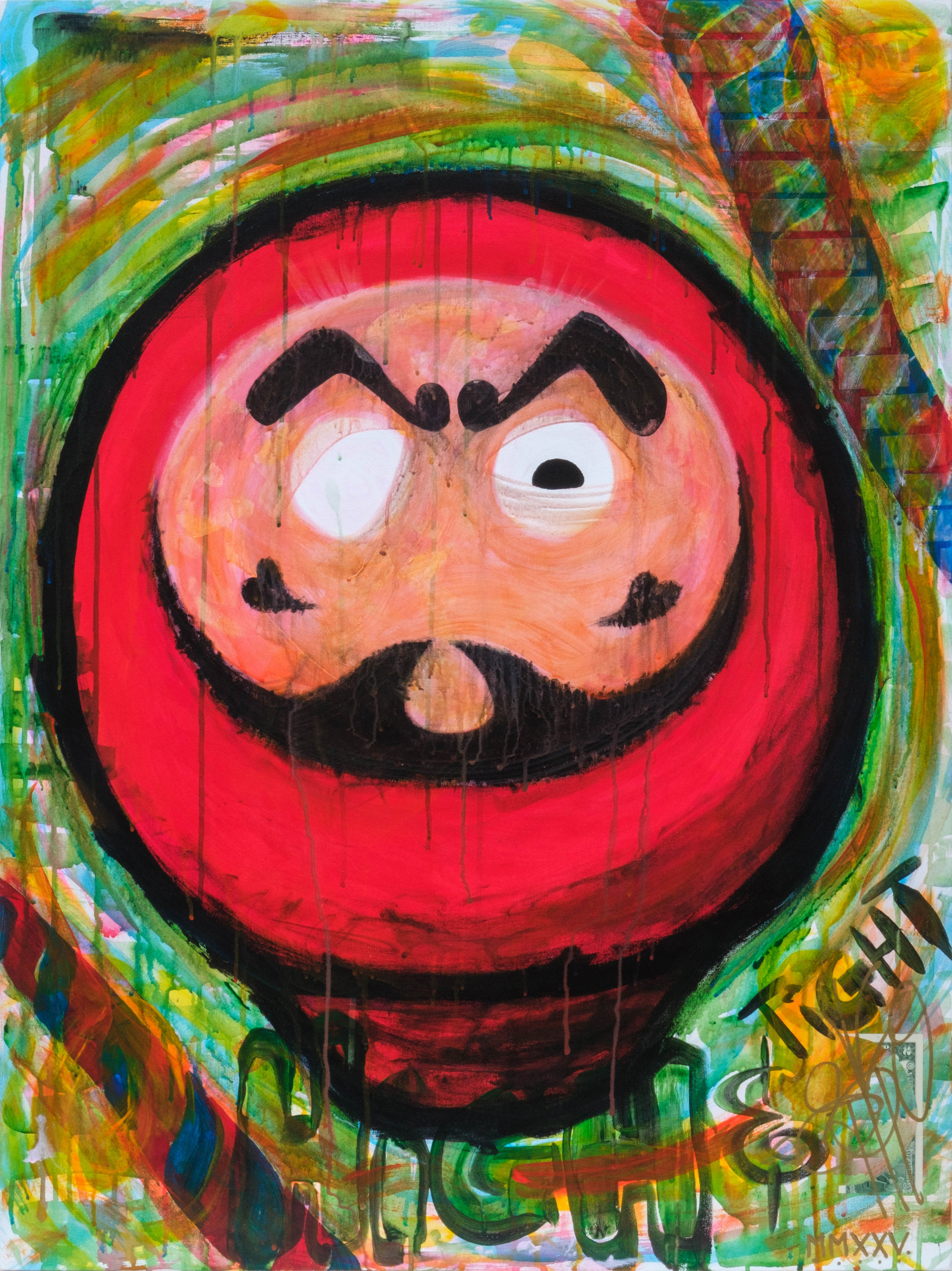 "High-and-Tight Daruma-san" - acrylic, gouache, and cash on canvas, 30"x40" 2025
