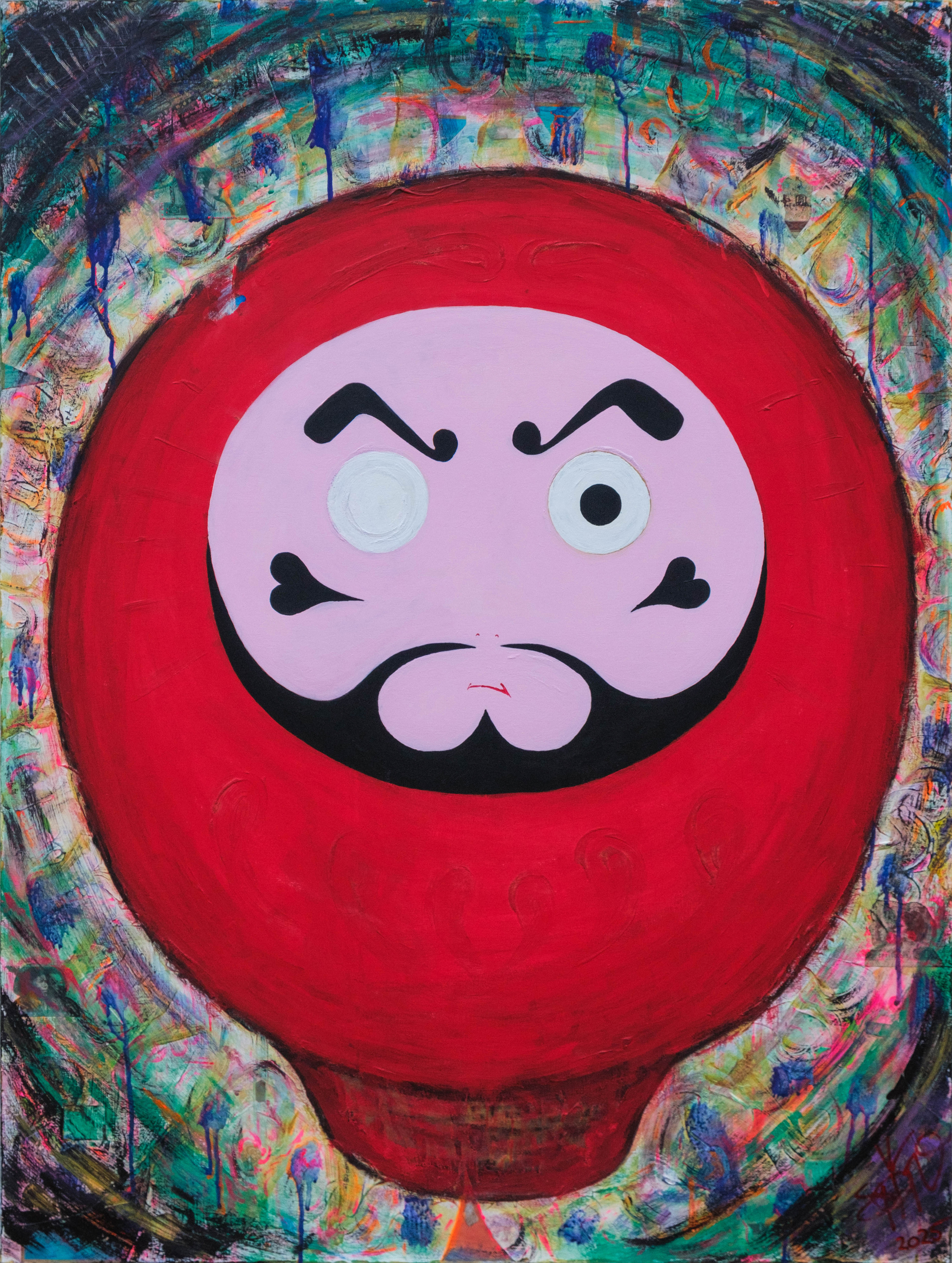 "Volcano Daruma-san" - acrylic, gouache, cash, and paper on wooden panel, 36"x48" 2025