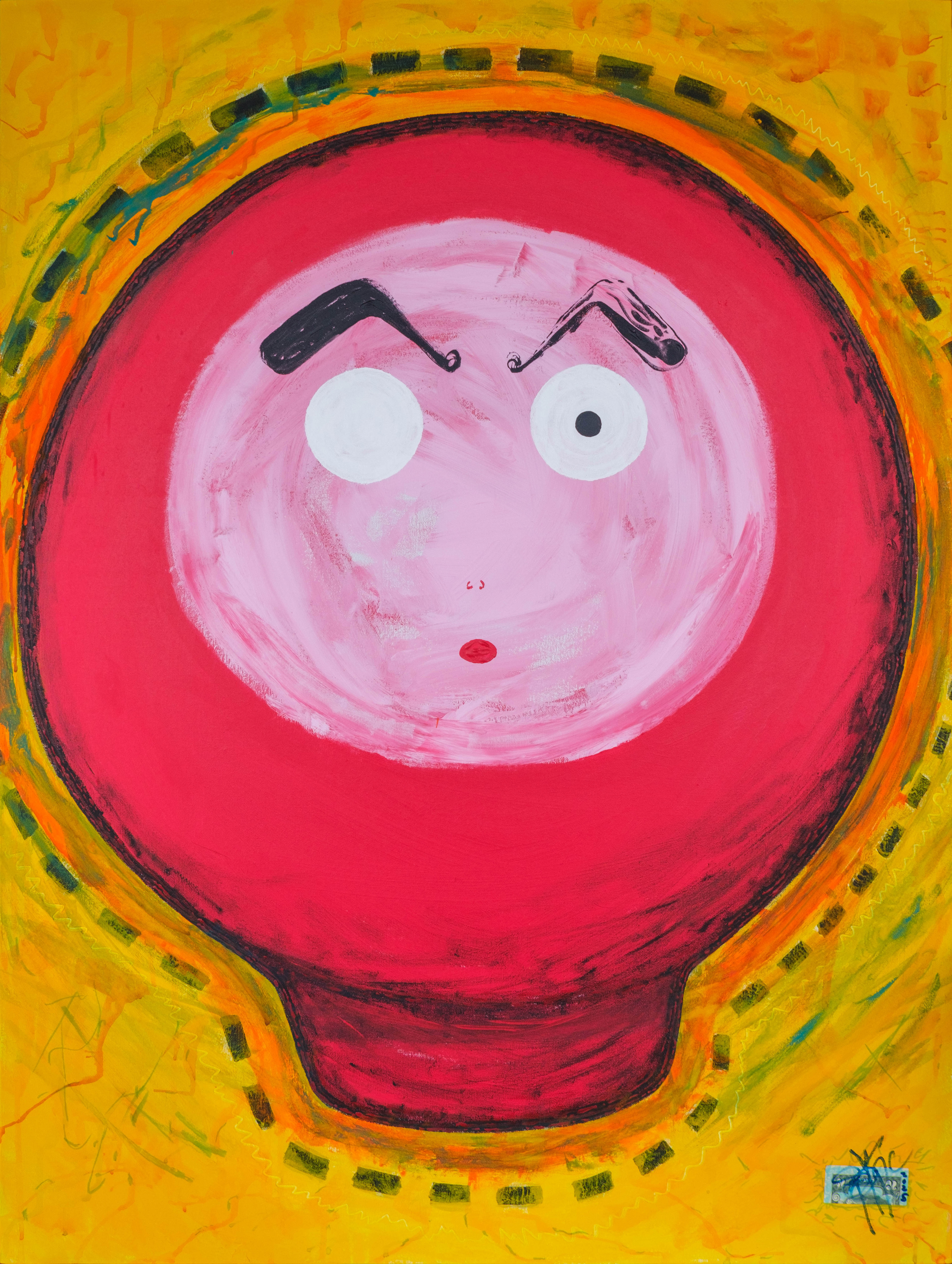 "Librarian Daruma-san" - acrylic, gouache, and cash on canvas, 30"x40" 2025
