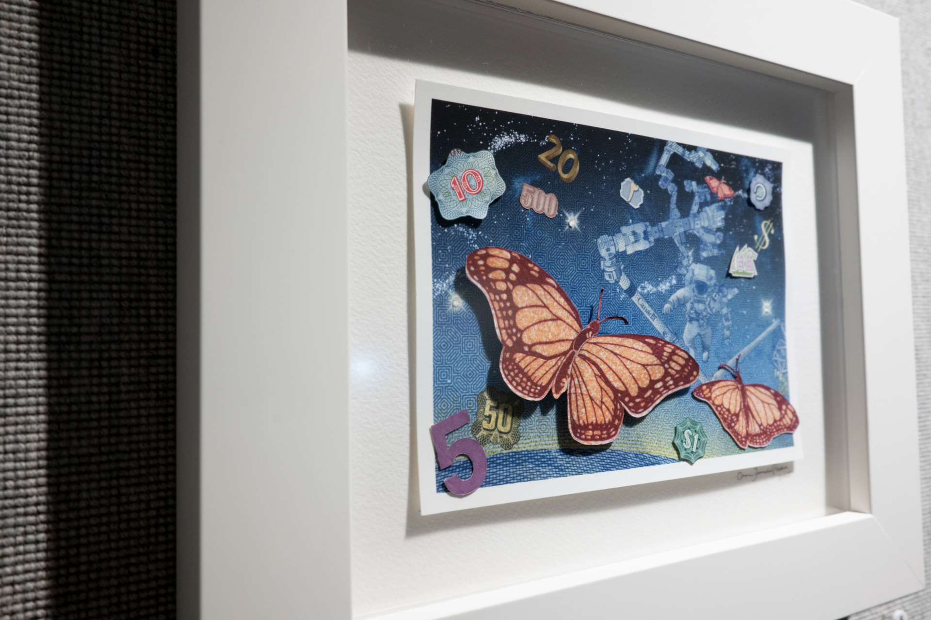 Space Moths (2025, inkjet print, currency, sand)