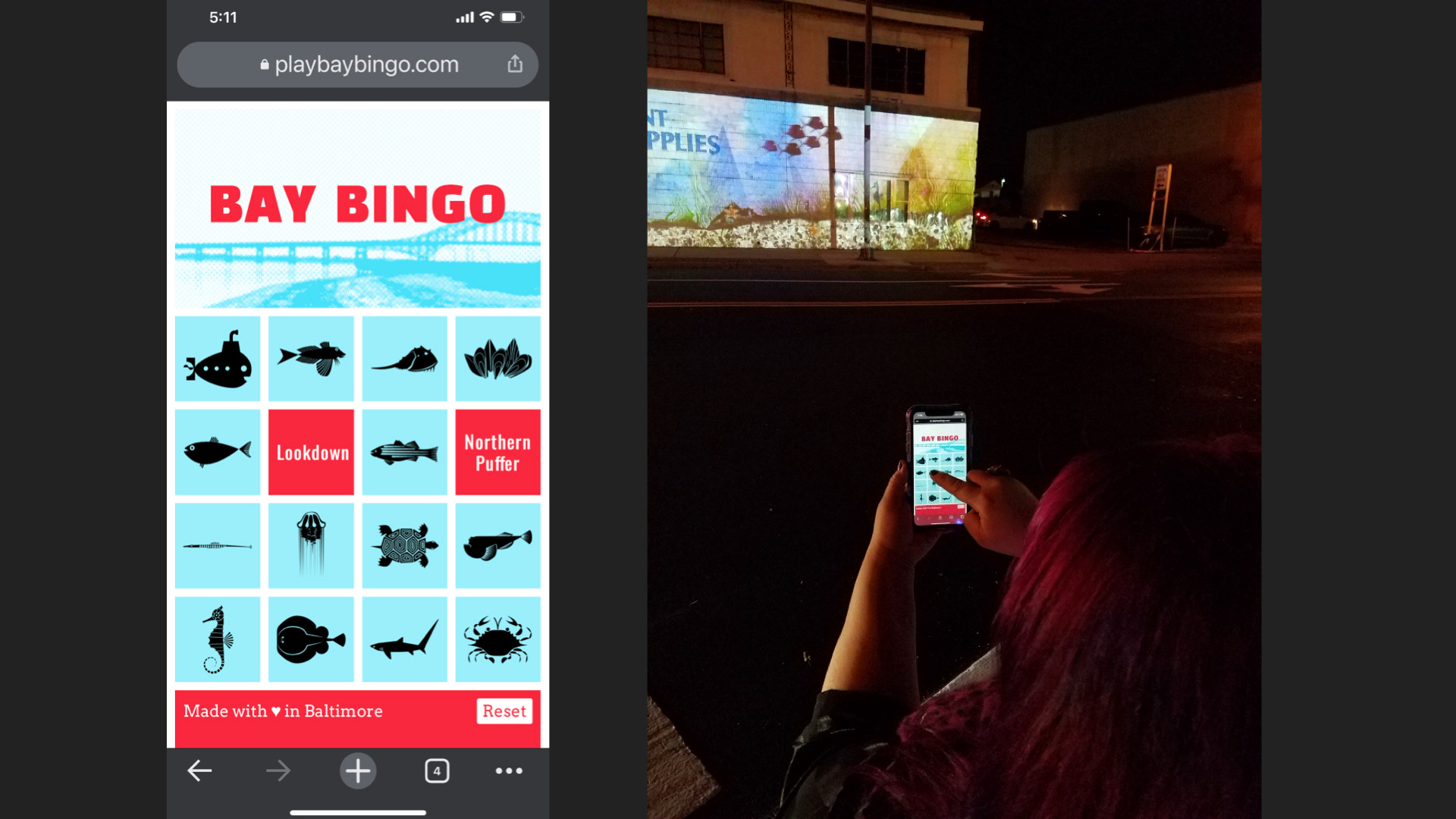 A viewer plays Bay Bingo on their mobile at MoCA L.I.ghts