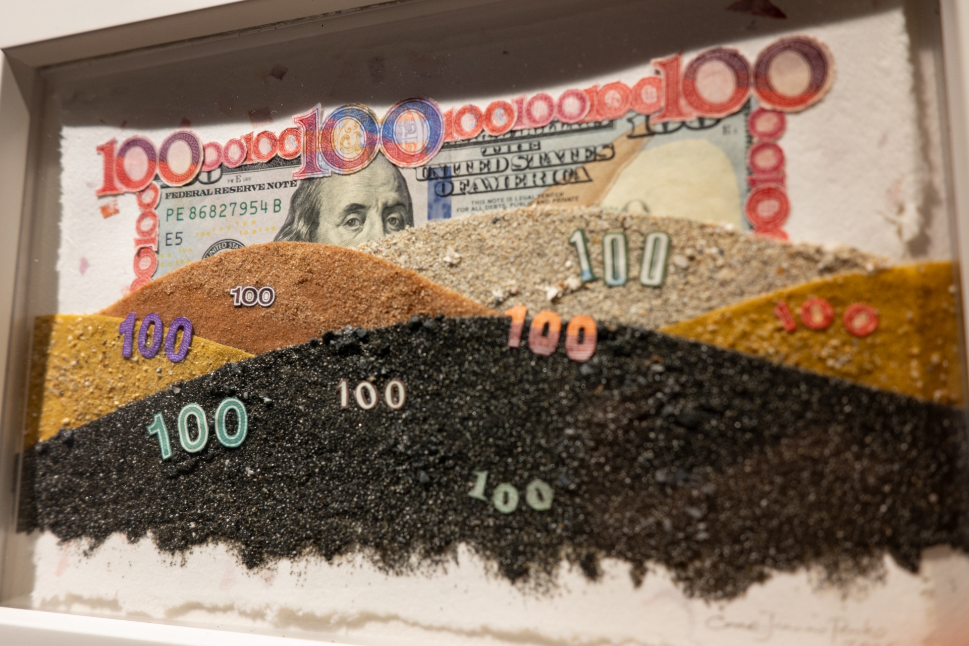 Economic Tides (2025, currency and sand on handmade paper)