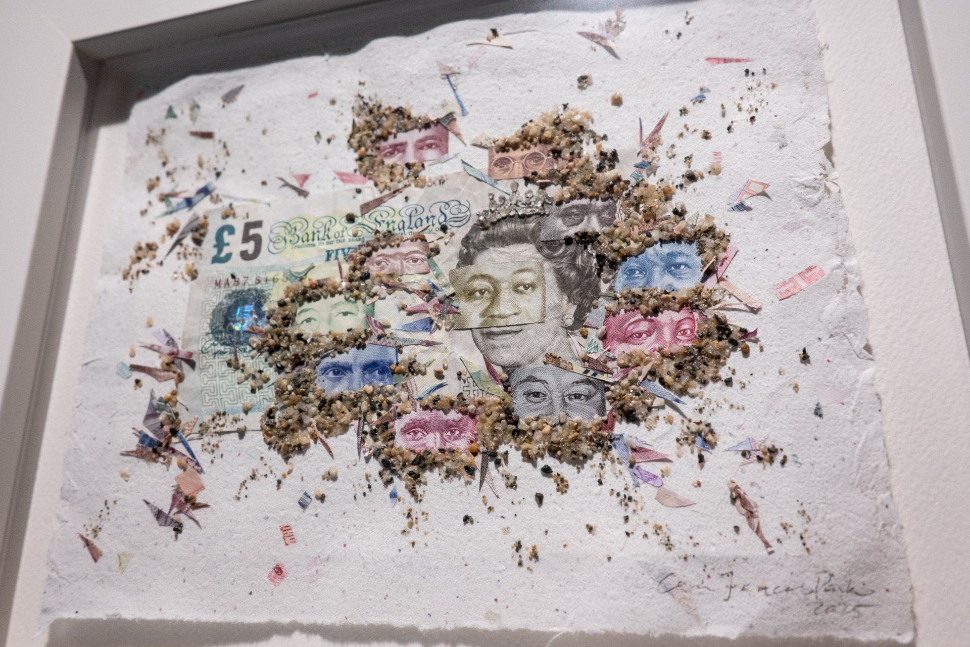 Imperial Gaze (2025, currency and sand on handmade paper)