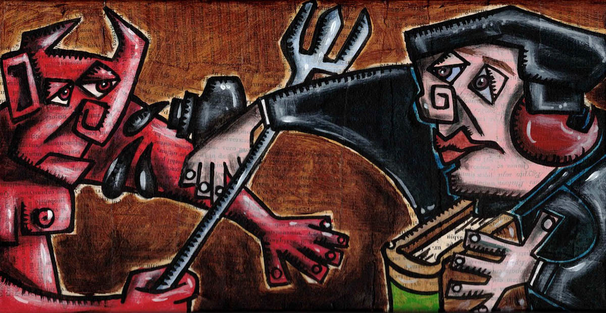 Luther: Der Wurf mit dem Tintenfass - Acryl und Collage auf Leinwand - 2019