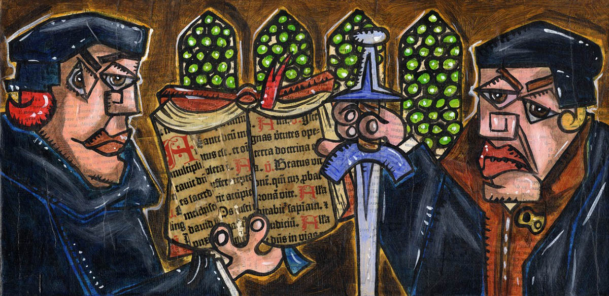 Luther IV: Luther & Müntzer - Acryl und Collage auf Leinwand - 2017