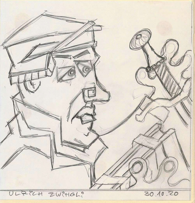 Ulrich Zwingli - Bleistiftskizze auf Skizzenpapie r- 2020
