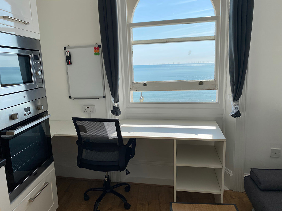 Large Seaview desk, USB sockets, whiteboard