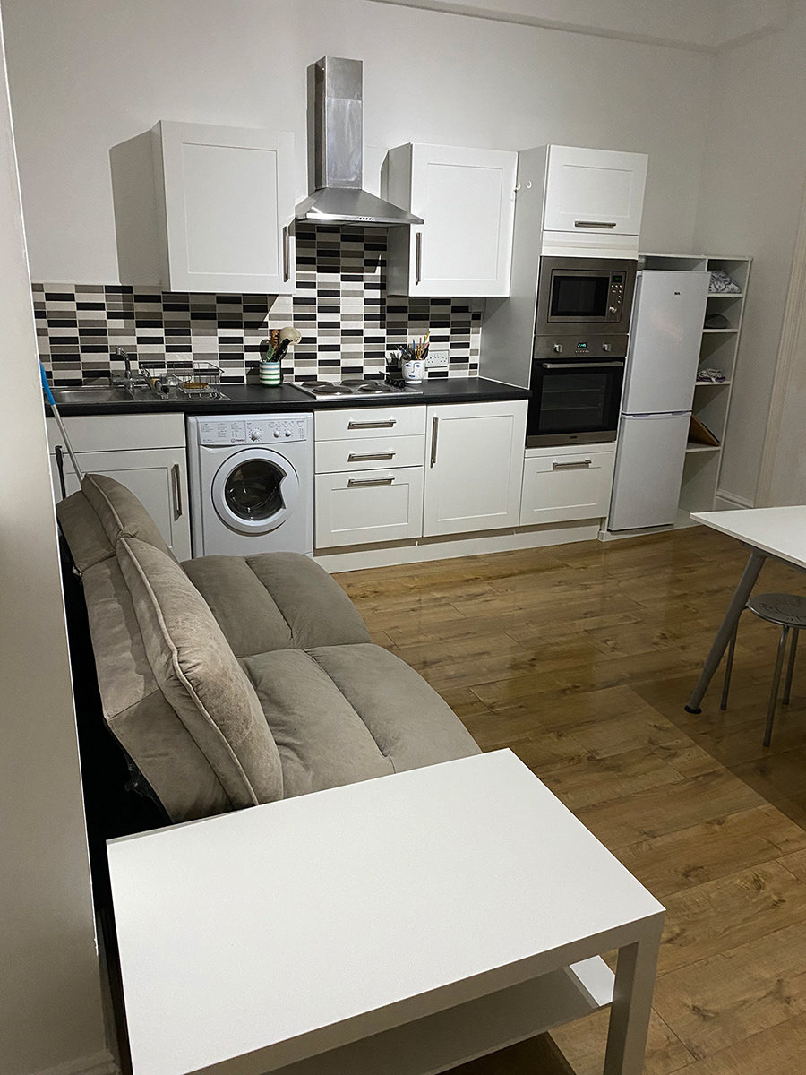 double sofa bed, washer/dryer, upright fridge/freezer, second fridge, microwave, oven, hob & extractor