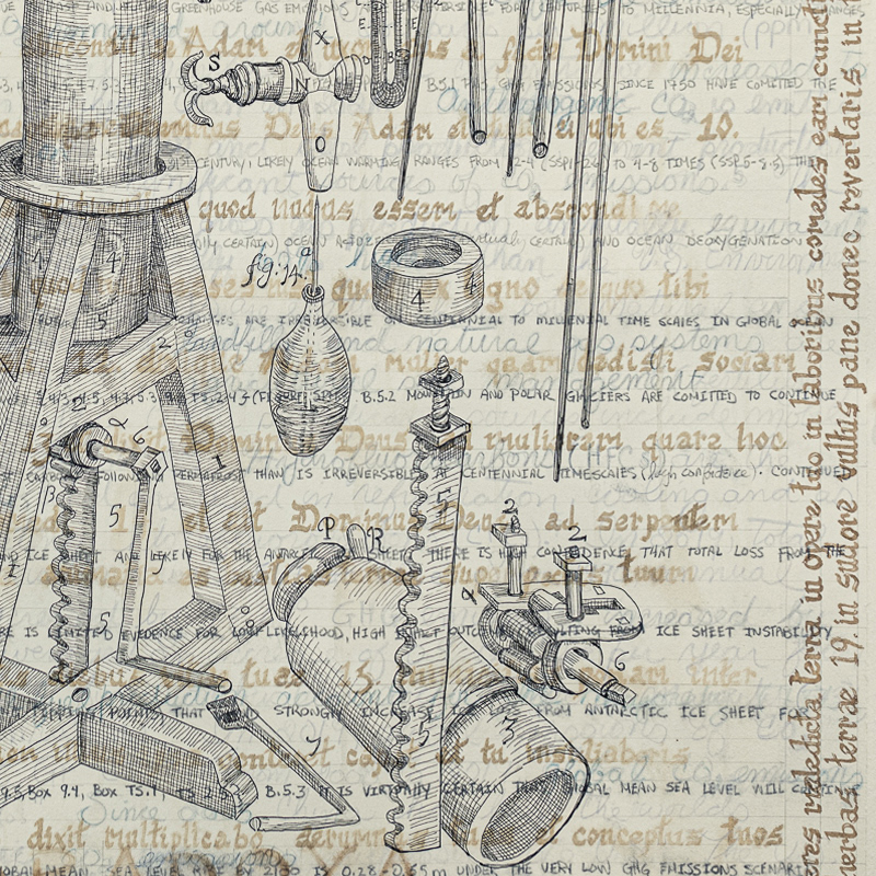 Detail: Paradoxa Hydrostatica, 2023.
Walnut ink, ink marker, colored and graphite pencil on Rives BFK paper. 22 x 30 inches.