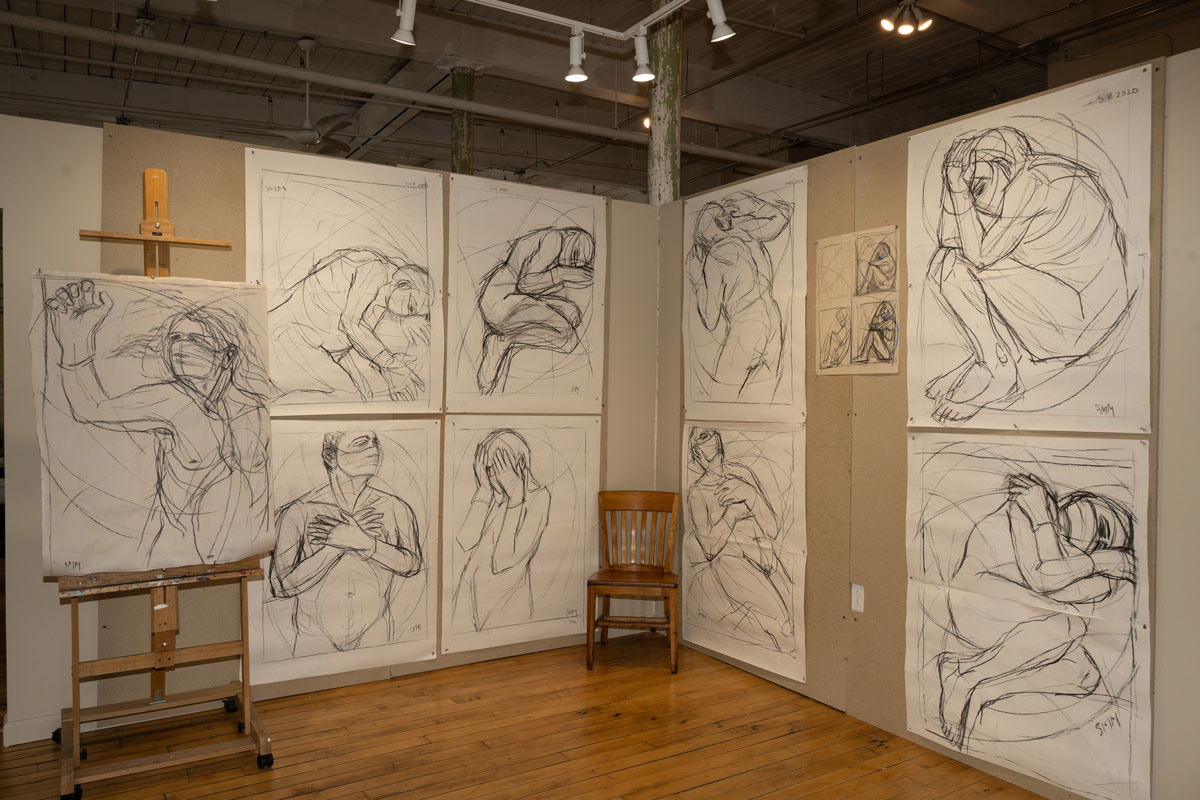 Studio View: Preliminary studies for "Viral Load" pandemic painting series.