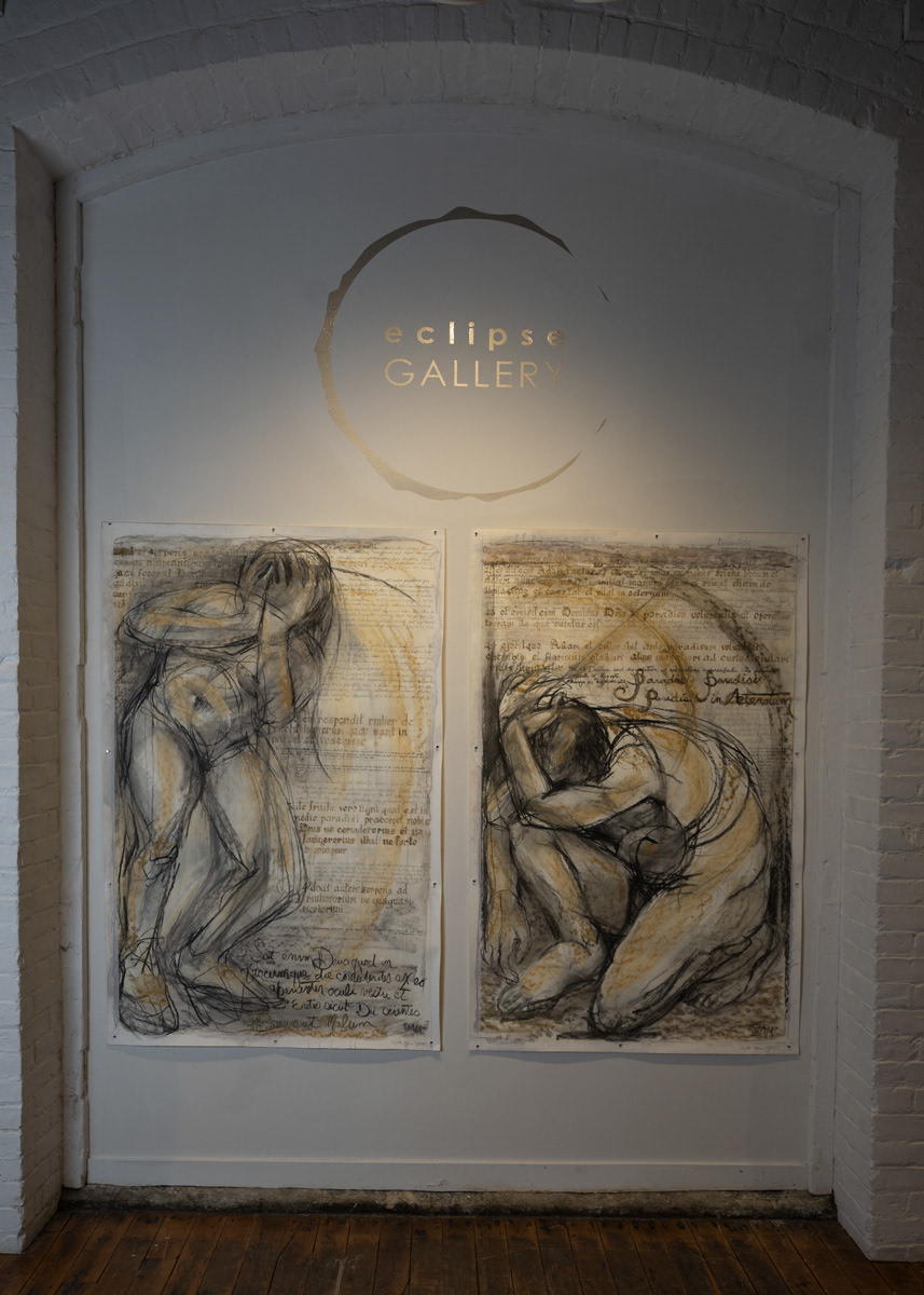 Installation view: Studies for the Figures of Adam and Eve. Charcoal, chalk pastel, ink, graphite, gold paint on Strathmore 400 paper, 60"H x 36" W