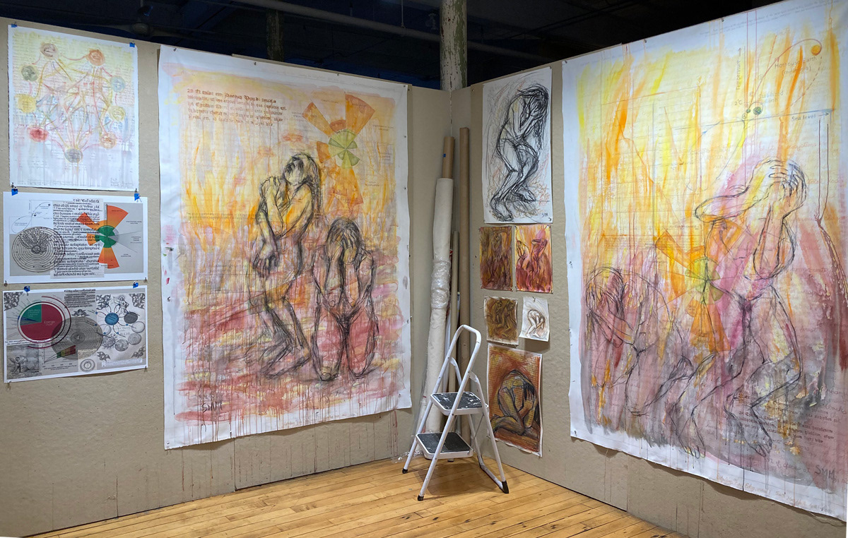 Studio view, The Expulsion from Eden, Conflagration V. 1 and V. 2, with studies and related works on paper. 2022