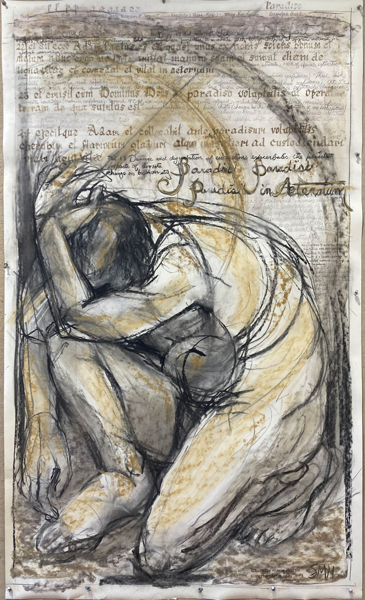 Study for the Figure of Adam. Charcoal, chalk pastel, ink, graphite, gold paint on Strathmore 400 paper, 60"H x 36" W