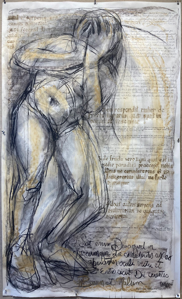 Study for the figure of Eve. Charcoal, chalk pastel, ink, graphite, gold paint on Strathmore 400 paper, 60"H x 36" W