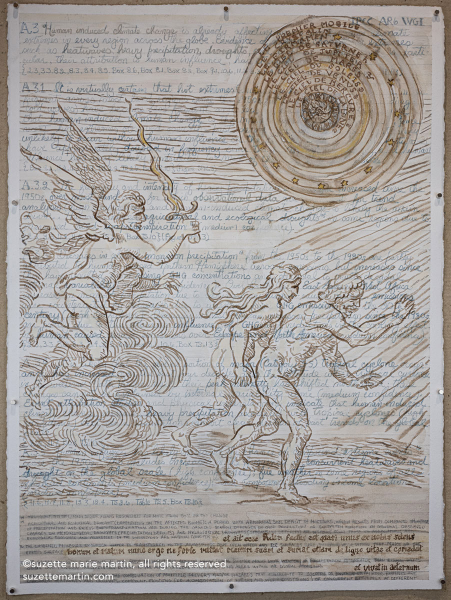 Cherubim of the Flaming Sword, 2023.
Walnut ink, gold acrylic paint, colored, charcoal and graphite pencils on Rives BFK paper coated with gesso.
22 x 30 inches.
