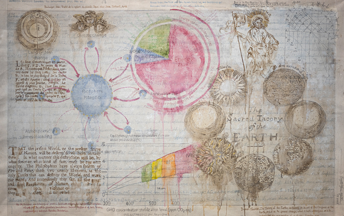 The Sacred Theory: Deluge and Conflagration, 2022-23 Acrylic paint, graphite and colored pencils, walnut ink, ink marker on cotton canvas. 34 x 53 inches.