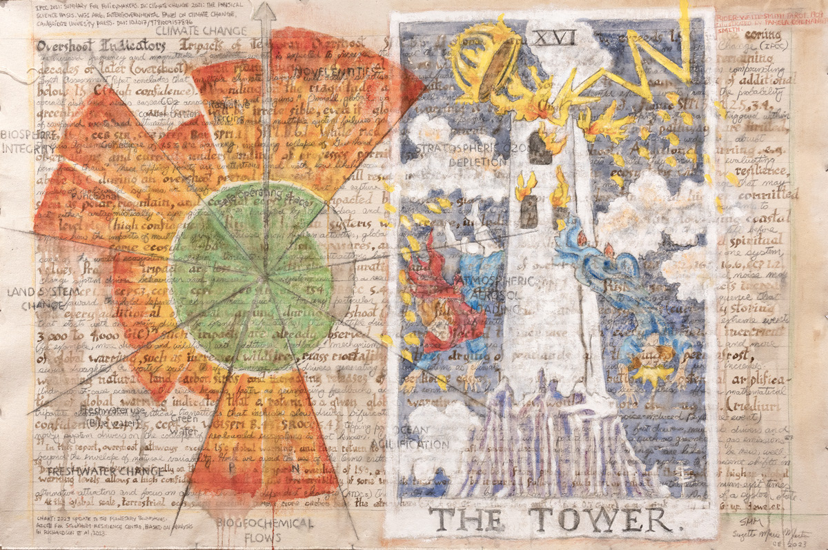 Overshoot Indicators (The Tower) 2023 Acrylic paint, water-soluble graphite, chalk pastel, walnut ink on cotton canvas. 29.5 x 44.5 inches.
