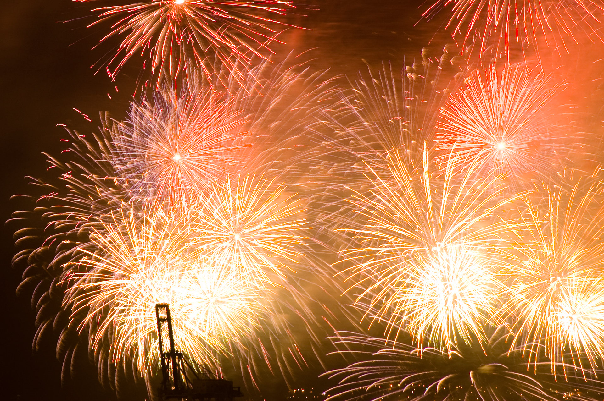 Close-up on fireworks display over Auckland Harbour to ring in the New Year
