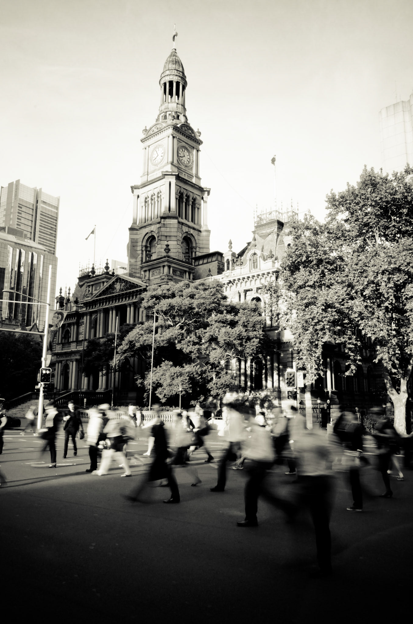 People crossing the street in front of Sydney Town Hall