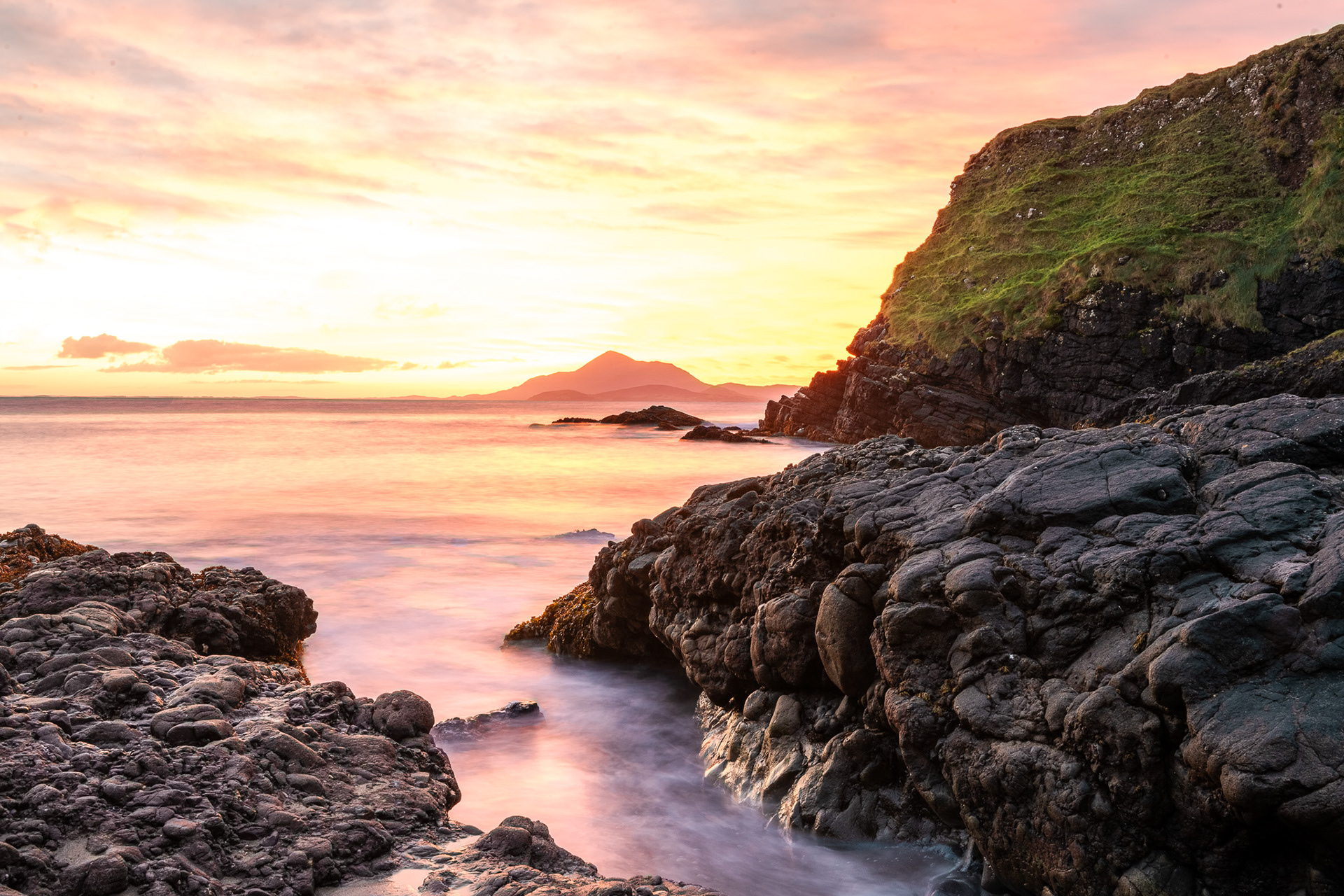 Sunrise behind Croagh Patrick seen from the shores of Clare Island