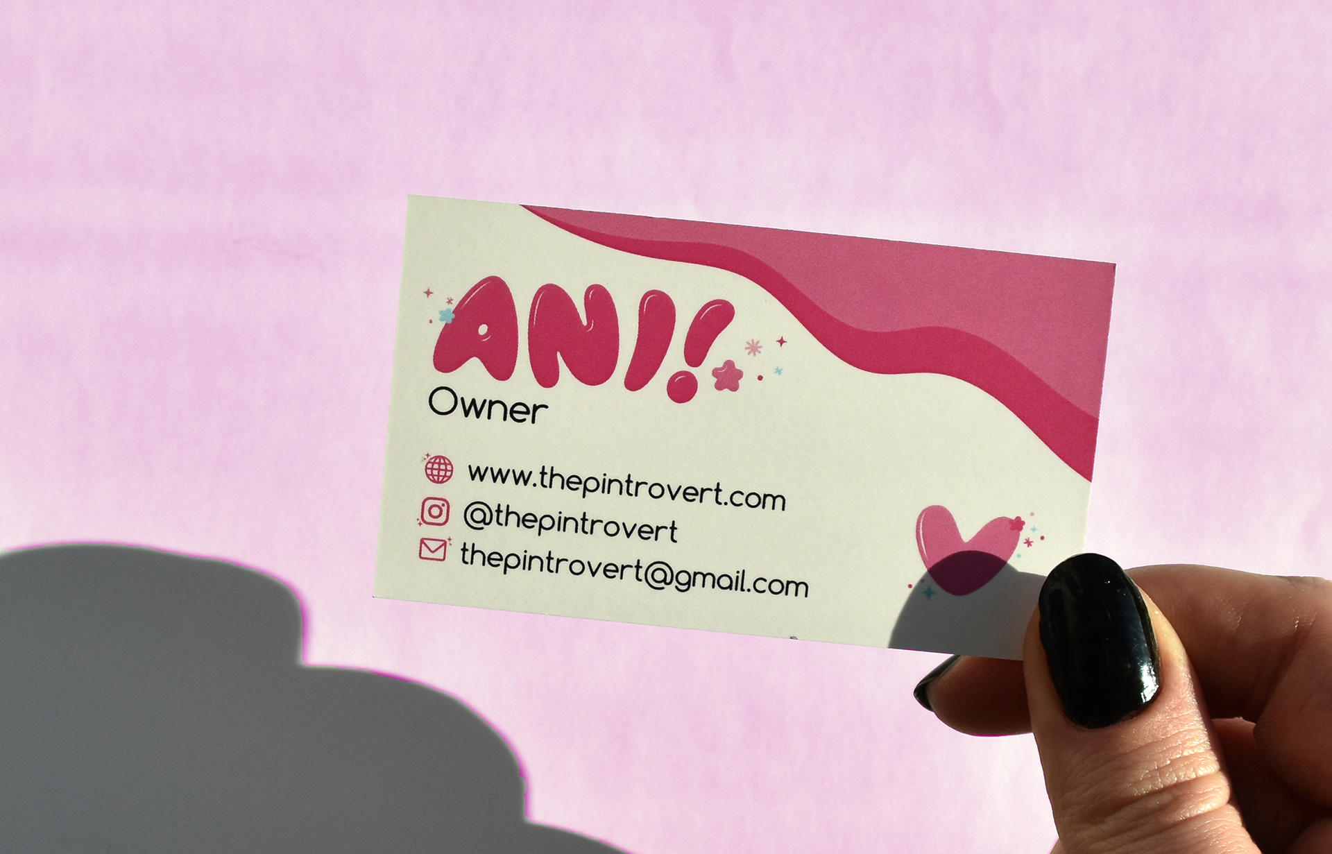 The logo typeface continues to the back to highlight Ani's name.