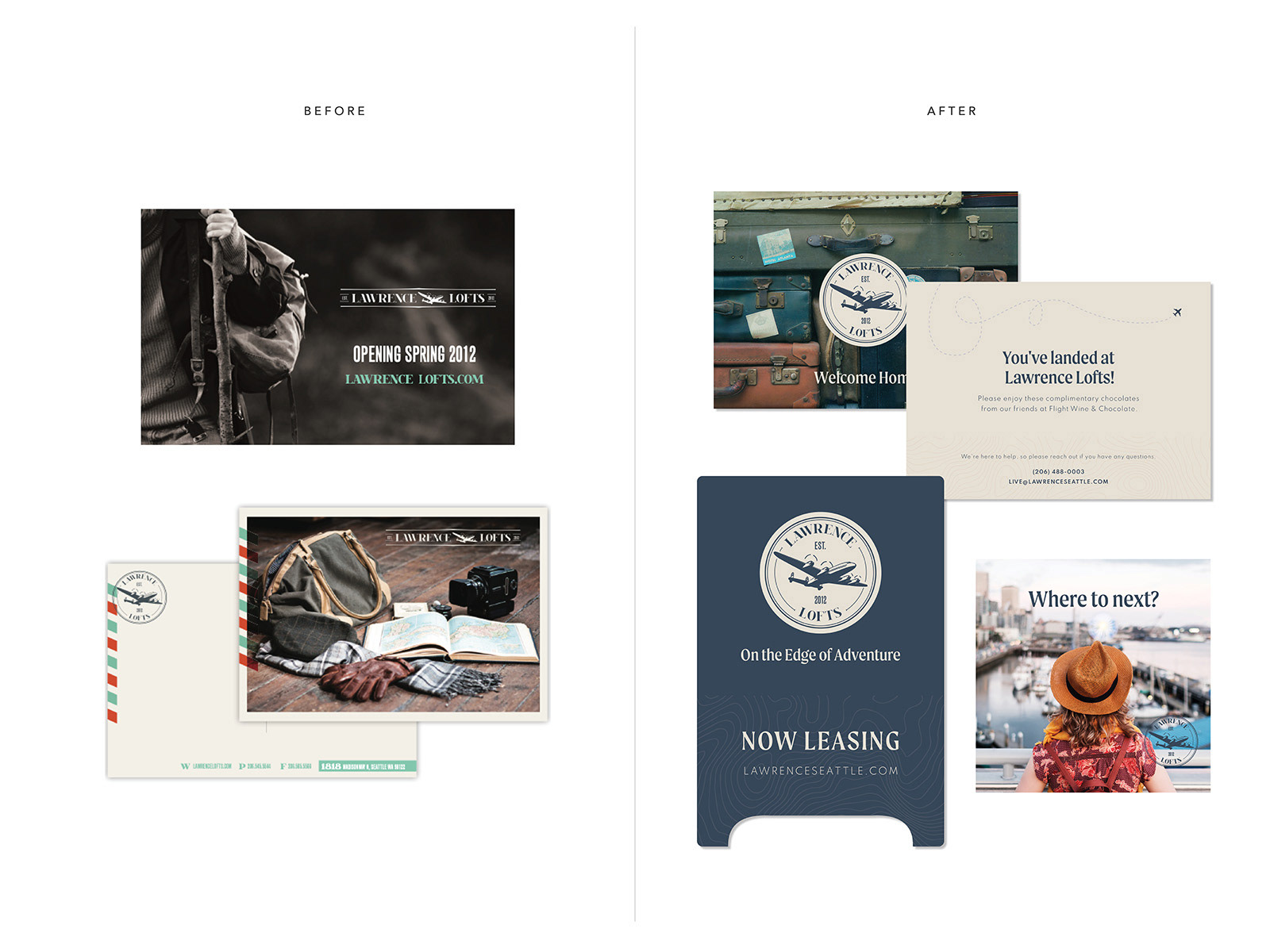 Before and after of the brand refresh for Lawrence Lofts including my copy for marketing boards. Design by BT Creative.