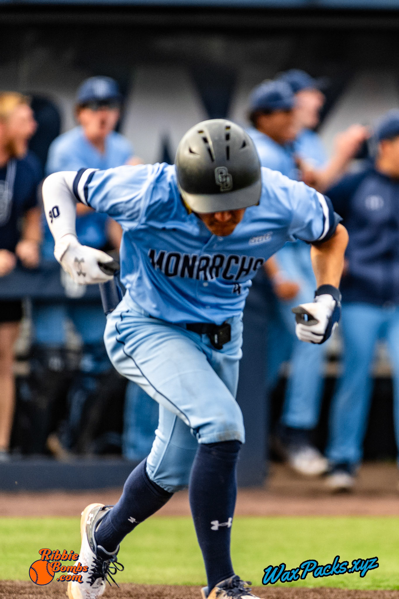 Shortstop Kyle Edwards (4) of Old Dominion doubled down the left field line, RBI (1-1 KB) RibbieBombs.com; in the bottom of the 7th inning in the third game of a 3-game weekend series. The Monarchs defeated the 49ers, 3-0, at Bud Metheny Baseball Stadium on the campus of Old Dominion University in Norfolk, VA,on Sunday, March 3, 2024.(Photo Credit Chad W. via www.WaxPax.xyz via Getty Images, Copyright © WaxPacks.xyz WaxPacks.xyz™ 2024)