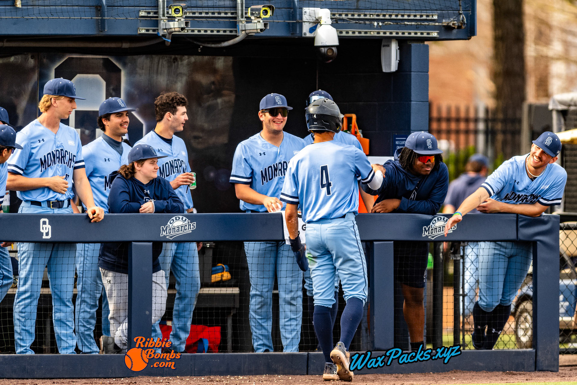 Shortstop Kyle Edwards (4) of Old Dominion doubled down the left field line, RBI (1-1 KB) RibbieBombs.com; in the bottom of the 7th inning in the third game of a 3-game weekend series. The Monarchs defeated the 49ers, 3-0, at Bud Metheny Baseball Stadium on the campus of Old Dominion University in Norfolk, VA, on on Sunday, March 3, 2024.(Photo Credit Chad W. via www.WaxPax.xyz via Getty Images, Copyright © WaxPacks.xyz WaxPacks.xyz™ 2024)