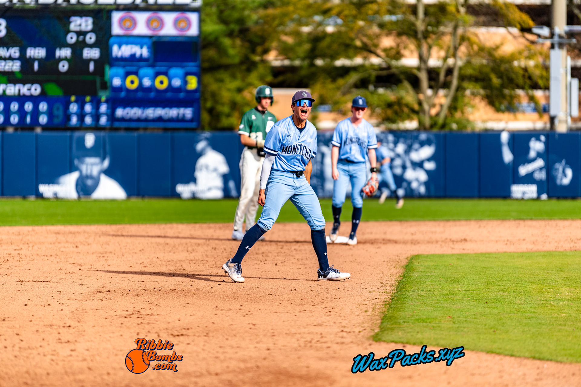 Shortstop Kyle Edwards (4) of Old Dominion walks off the field in celebration of an ODU WIN in the third game of a three-game weekend series. The Monarchs defeated the 49ers, 3-0, at Bud Metheny Baseball Stadium on the campus of Old Dominion University in Norfolk, VA, on Sunday, March 3, 2024.(Photo Credit Chad W. via www.WaxPax.xyz via Getty Images, Copyright © WaxPacks.xyz WaxPacks.xyz™ 2024)