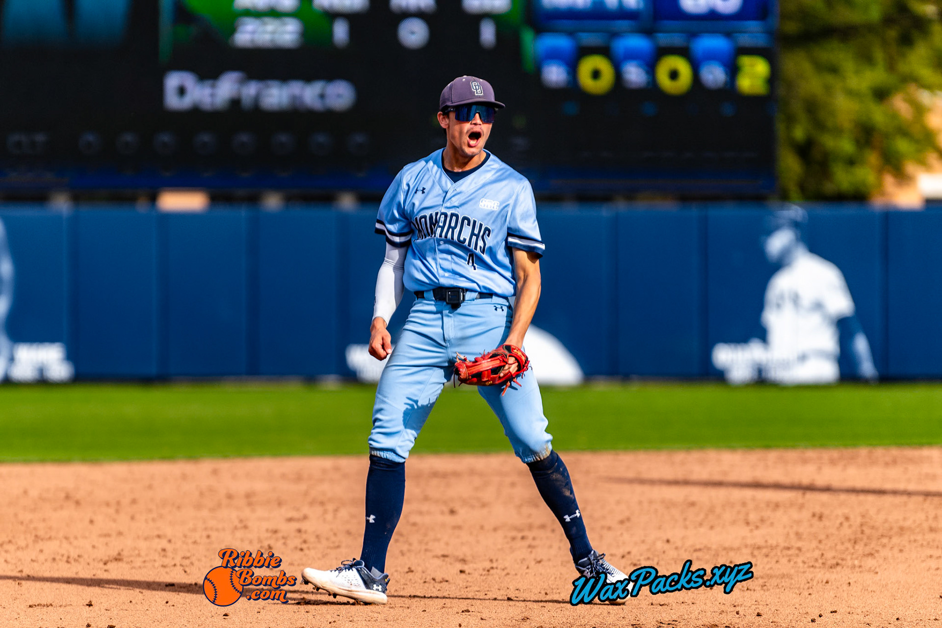 Shortstop Kyle Edwards (4) of Old Dominion walks off the field in celebration of an ODU WIN in the third game of a three-game weekend series. The Monarchs defeated the 49ers, 3-0, at Bud Metheny Baseball Stadium on the campus of Old Dominion University in Norfolk, VA, on Sunday, March 3, 2024.(Photo Credit Chad W. via www.WaxPax.xyz via Getty Images, Copyright © WaxPacks.xyz WaxPacks.xyz™ 2024)