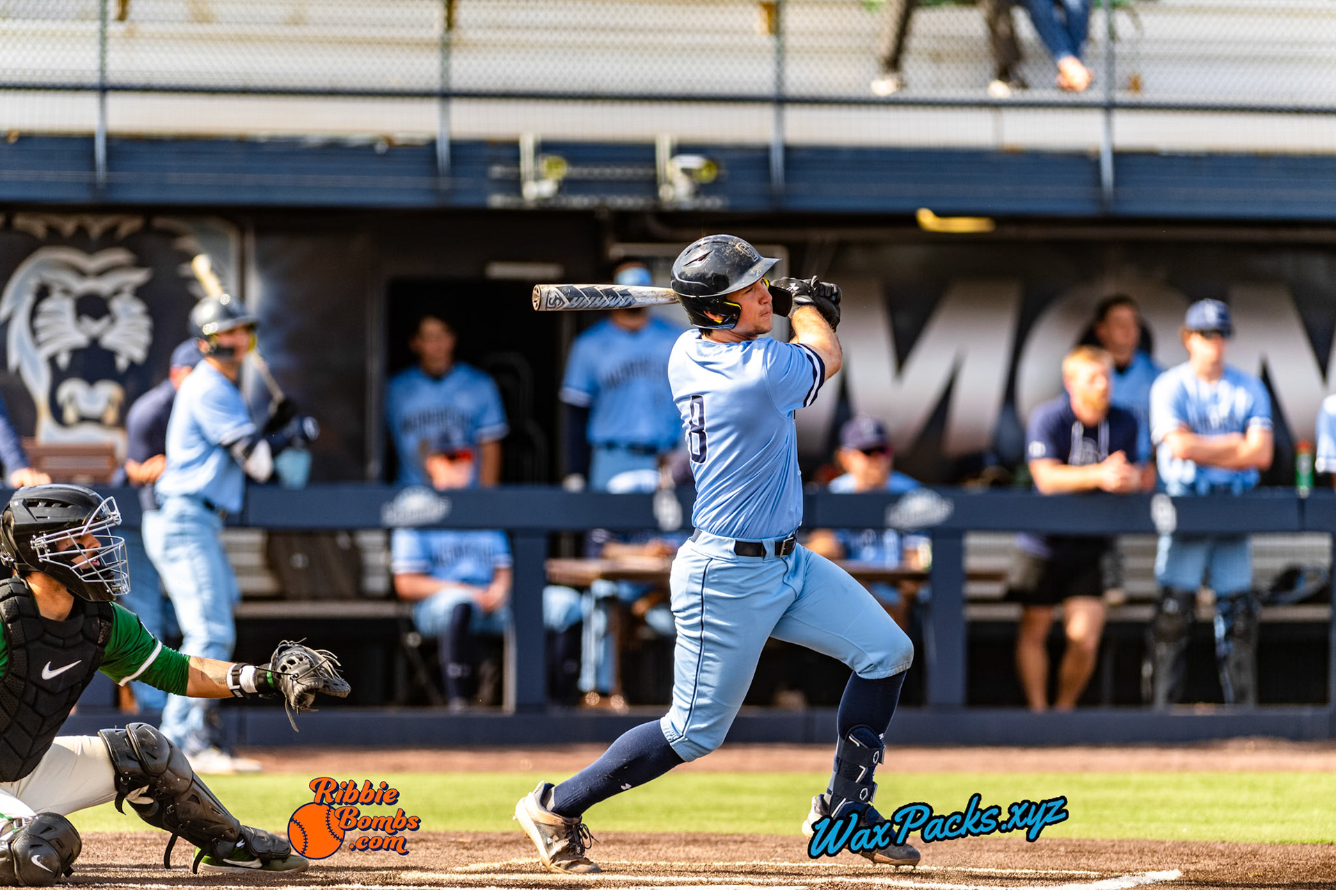 First baseman Alex Bouche (8) of Old Dominion doubled to right field in the bottom of the 4th inning in the third game of a 3-game weekend series. The Monarchs defeated the 49ers, 3-0, at Bud Metheny Baseball Stadium on the campus of Old Dominion University in Norfolk, VA, on Sunday, March 3, 2024.(Photo Credit Chad W. via www.WaxPax.xyz via Getty Images, Copyright © WaxPacks.xyz WaxPacks.xyz™ 2024)