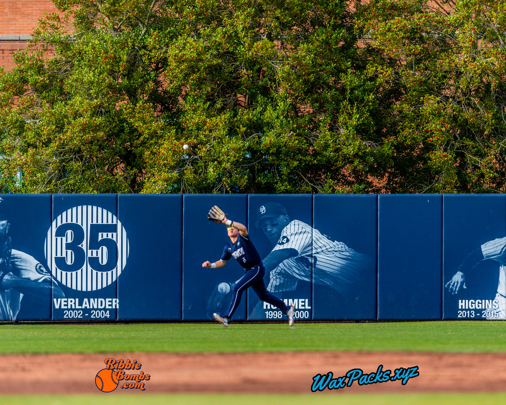 Leftfielder Gavin Abrams (21) of Old Dominion catches a fly ball in the second inning at Bud Metheny Baseball Stadium on the campus of Old Dominion University in  Norfolk, VA. Saturday, March 2, 2024.  (Photo Credit Chad W. via www.WaxPax.xyz via Getty Images, Copyright © WaxPacks.xyz WaxPacks.xyz™ 2024)