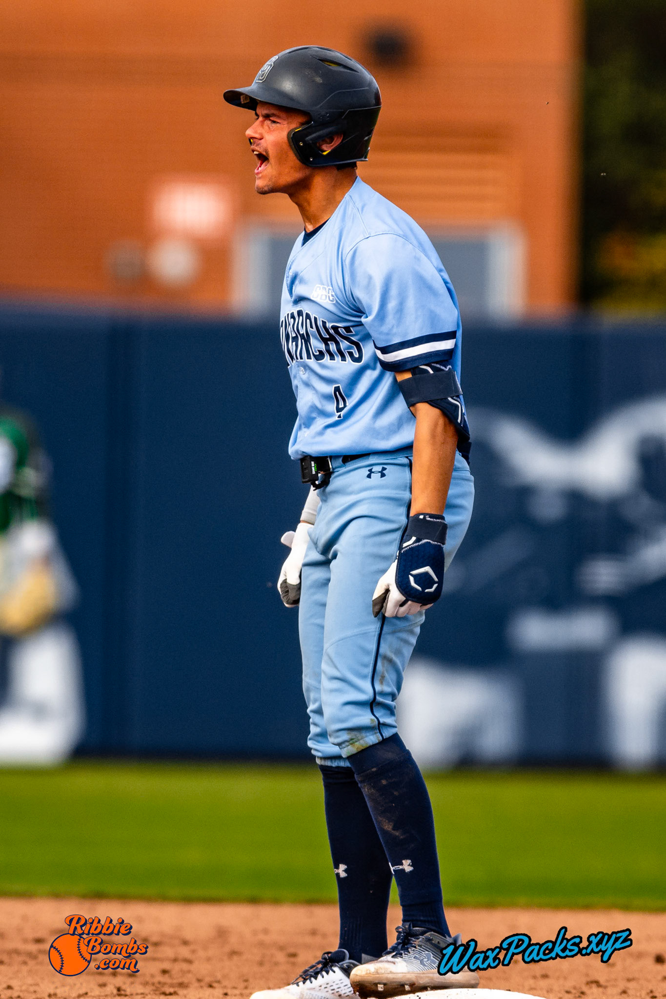 Shortstop Kyle Edwards (4) of Old Dominion doubled down the left field line, RBI (1-1 KB) RibbieBombs.com; in the bottom of the 7th inning in the third game of a 3-game weekend series. The Monarchs defeated the 49ers, 3-0, at Bud Metheny Baseball Stadium on the campus of Old Dominion University in Norfolk, VA, on Sunday, March 3, 2024.(Photo Credit Chad W. via www.WaxPax.xyz via Getty Images, Copyright © WaxPacks.xyz WaxPacks.xyz™ 2024)