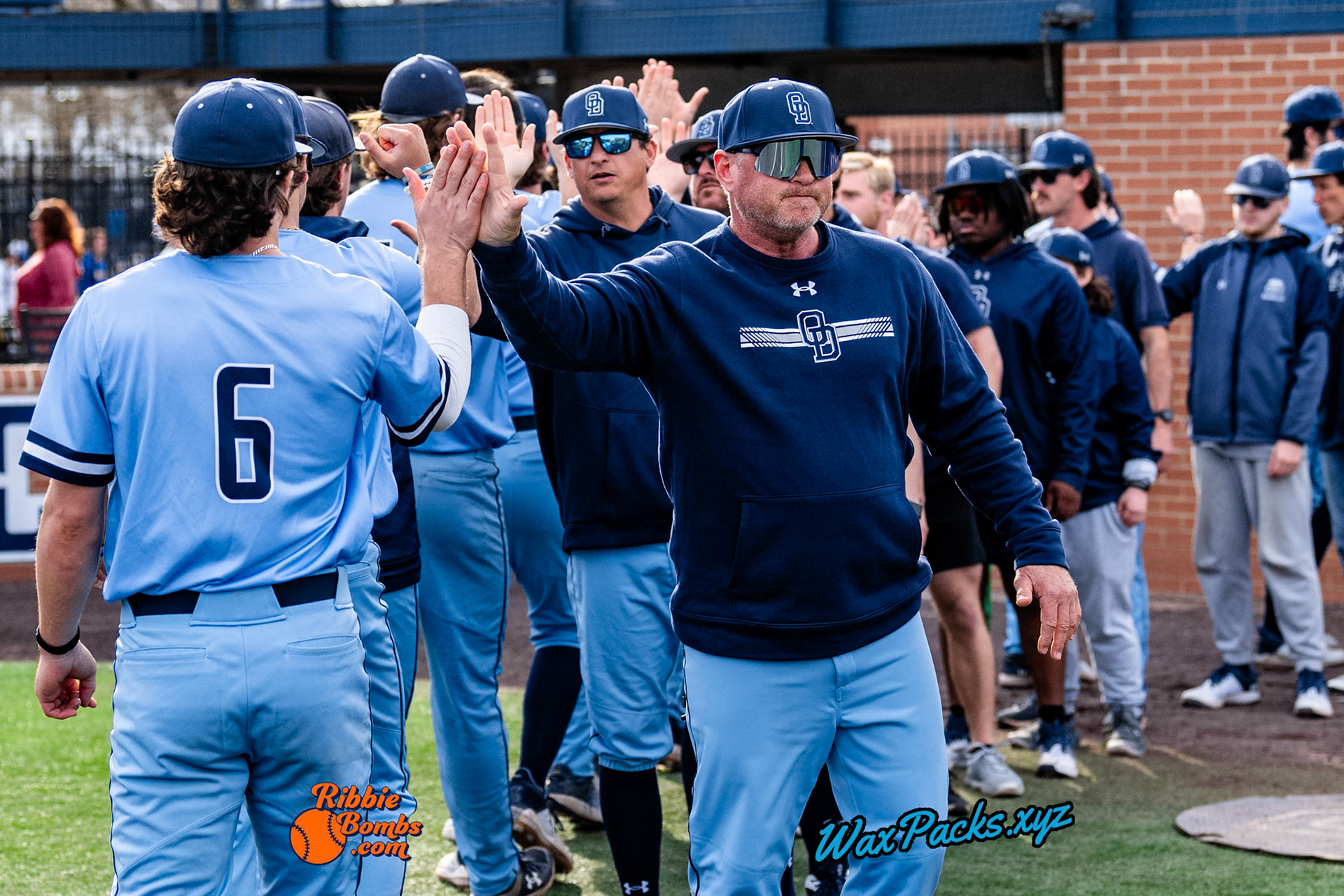 Old Dominion Team celebration after an ODU WIN in the third game of a three-game weekend series. The Monarchs defeated the 49ers, 3-0, at Bud Metheny Baseball Stadium on the campus of Old Dominion University in Norfolk, VA, on Sunday, March 3, 2024.(Photo Credit Chad W. via www.WaxPax.xyz via Getty Images, Copyright © WaxPacks.xyz WaxPacks.xyz™ 2024)