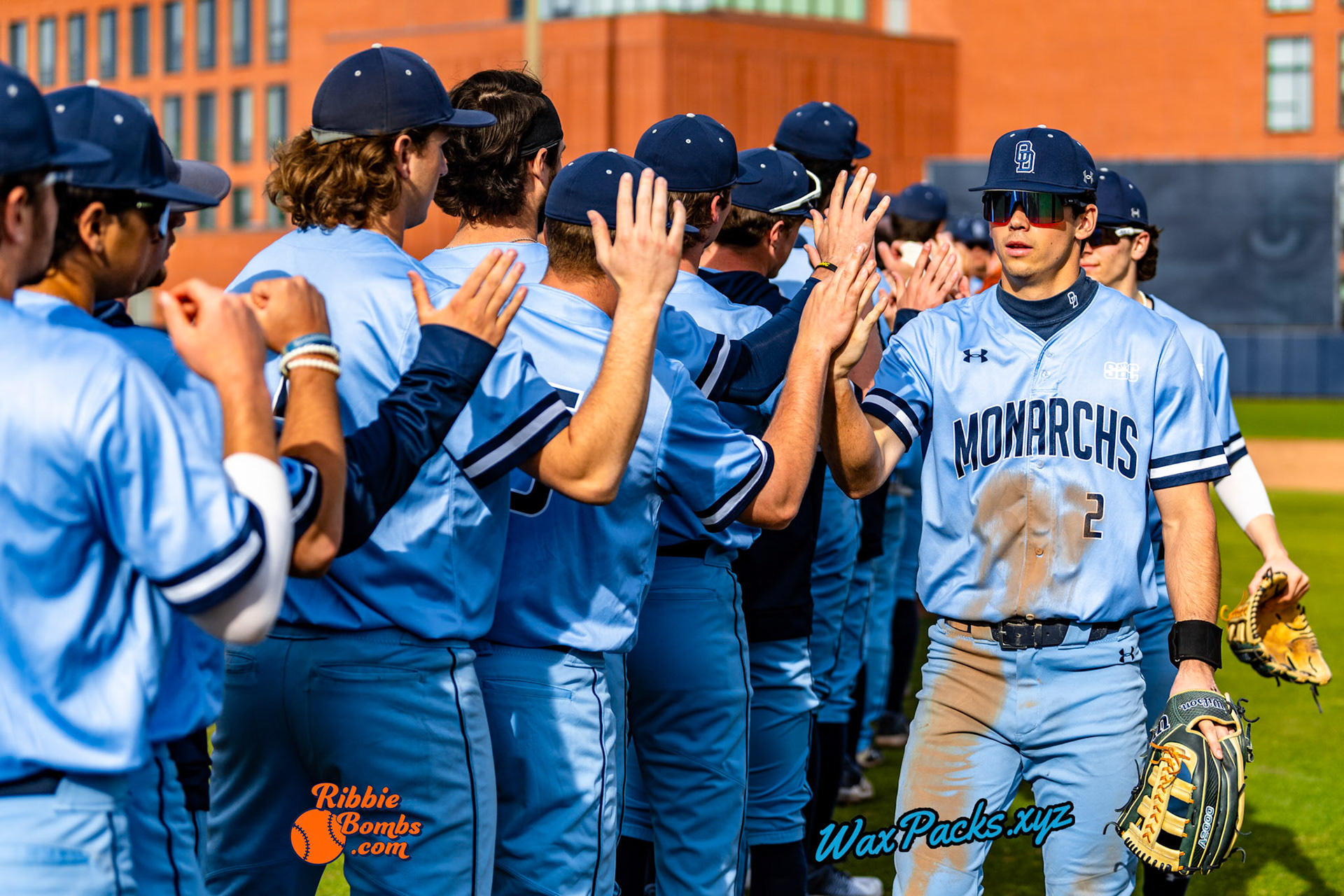 Old Dominion Team celebration after an ODU WIN in the third game of a three-game weekend series. The Monarchs defeated the 49ers, 3-0, at Bud Metheny Baseball Stadium on the campus of Old Dominion University in Norfolk, VA, on Sunday, March 3, 2024.(Photo Credit Chad W. via www.WaxPax.xyz via Getty Images, Copyright © WaxPacks.xyz WaxPacks.xyz™ 2024)
