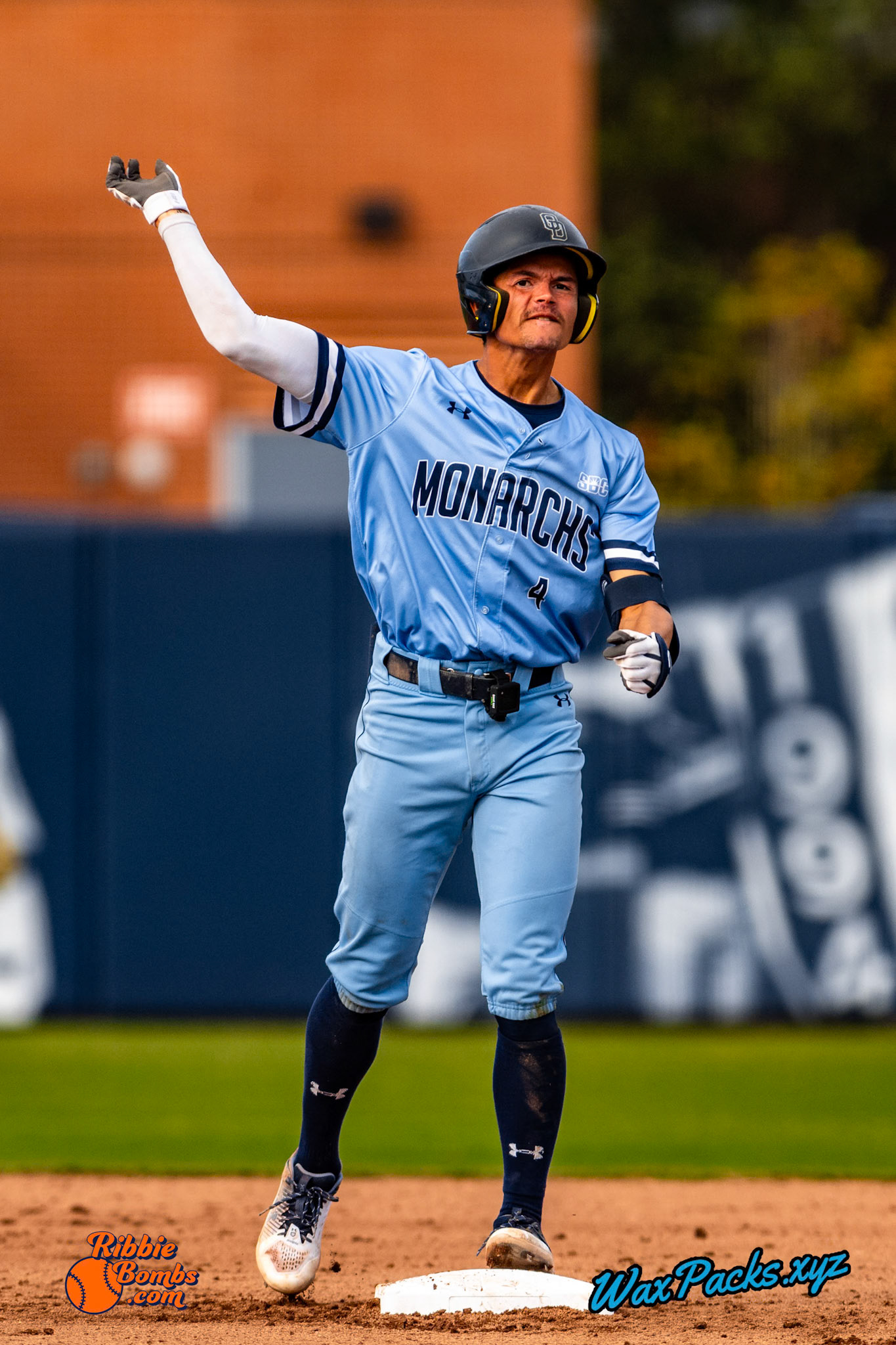 Shortstop Kyle Edwards (4) of Old Dominion doubled down the left field line, RBI (1-1 KB) RibbieBombs.com; in the bottom of the 7th inning in the third game of a 3-game weekend series. The Monarchs defeated the 49ers, 3-0, at Bud Metheny Baseball Stadium on the campus of Old Dominion University in Norfolk, VA, on Sunday, March 3, 2024.(Photo Credit Chad W. via www.WaxPax.xyz via Getty Images, Copyright © WaxPacks.xyz WaxPacks.xyz™ 2024)