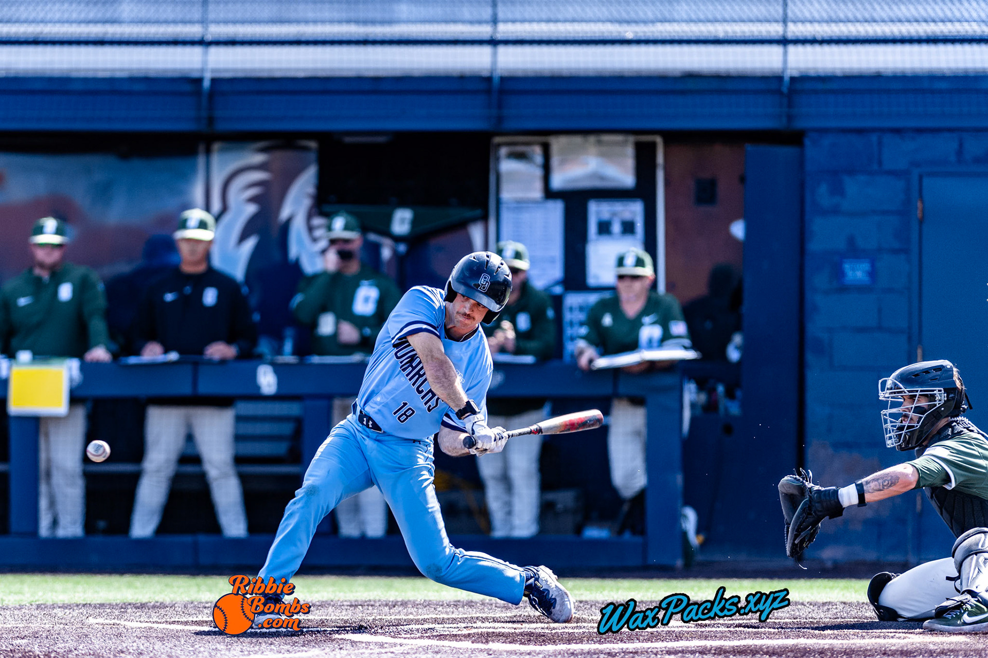 Outfielder Nick Mueller (18) of Old Dominion bats second in the bottom of the first inning in the third game of a 3-game weekend series. The Monarchs defeated the 49ers, 3-0, at Bud Metheny Baseball Stadium on the campus of Old Dominion University in Norfolk, VA, on Sunday, March 3, 2024. (Photo Credit Chad W. via www.WaxPax.xyz via Getty Images, Copyright © WaxPacks.xyz WaxPacks.xyz™ 2024)