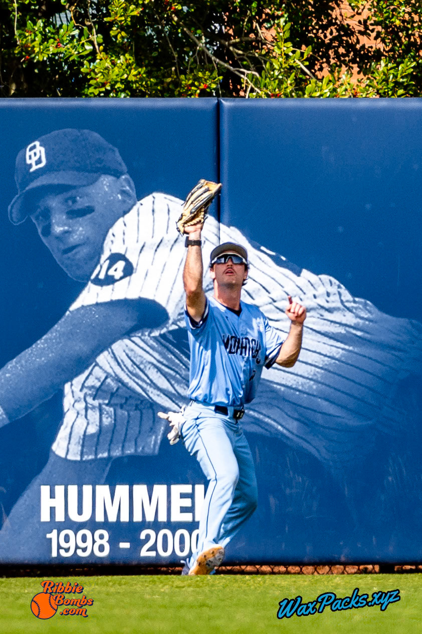 Left fielder Nick Mueller (18) of Old Dominion catches a fly ball to left to close out the top of the fourth inning in the third game of a 3-game weekend series. The Monarchs defeated the 49ers, 3-0, at Bud Metheny Baseball Stadium on the campus of Old Dominion University in Norfolk, VA, on Sunday, March 3, 2024.(Photo Credit Chad W. via www.WaxPax.xyz via Getty Images, Copyright © WaxPacks.xyz WaxPacks.xyz™ 2024)