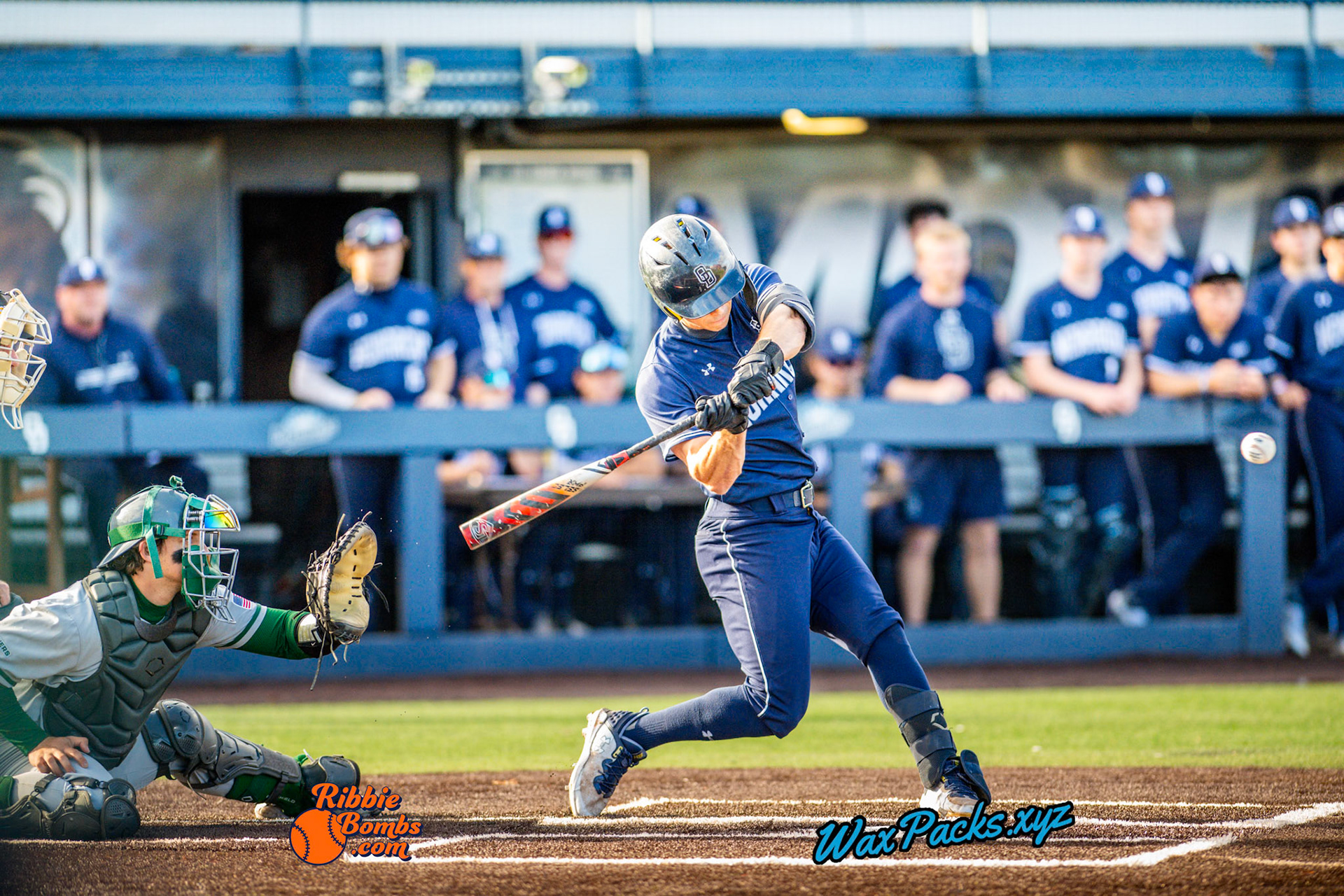 Outfielder Luke Waters (2) of Old Dominion hit a fly ball that hit off the right fielder Thad Ector (2) of Charlotte’s glove, allowing Waters to move up to second and Edwards to come home in the first inning of the second game of a three-game weekend series. The Monarchs defeated the 49ers, 4-1, at Bud Metheny Baseball Stadium on the campus of Old Dominion University in Norfolk, VA, on Saturday, March 2, 2024.  (Photo Credit Chad W. via www.WaxPax.xyz via Getty Images, Copyright © WaxPacks.xyz WaxPacks.xyz™ 2024)