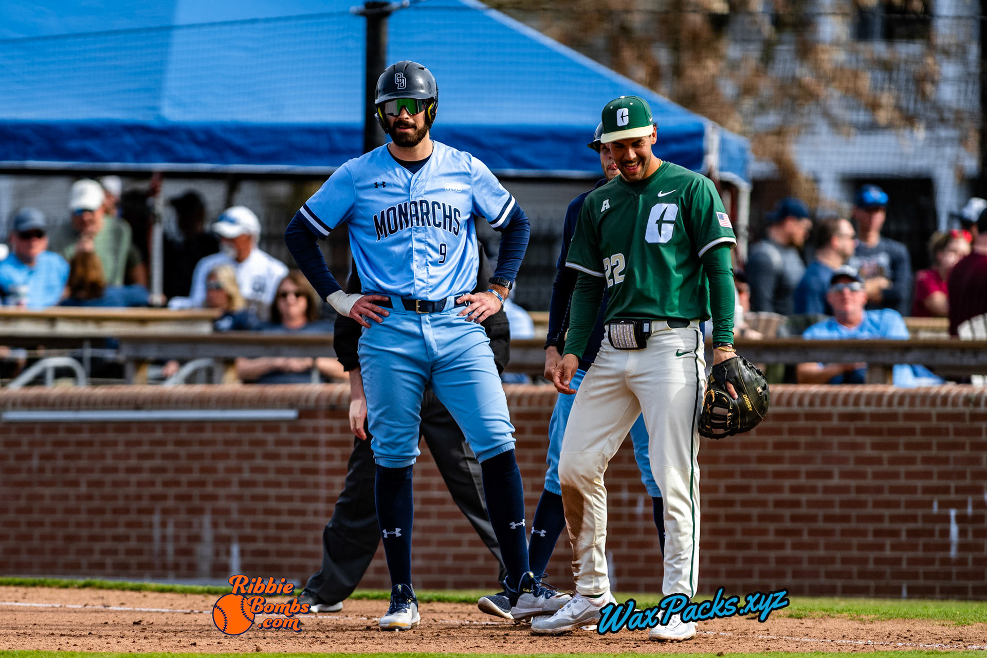 Designated hitter Jake Ticer (9) of Old Dominion advances to first base after being hit by a pitch in the bottom of the 6th inning in the third game of a 3-game weekend series. The Monarchs defeated the 49ers, 3-0, at Bud Metheny Baseball Stadium on the campus of Old Dominion University in Norfolk, VA, on Sunday, March 3, 2024.(Photo Credit Chad W. via www.WaxPax.xyz via Getty Images, Copyright © WaxPacks.xyz WaxPacks.xyz™ 2024)