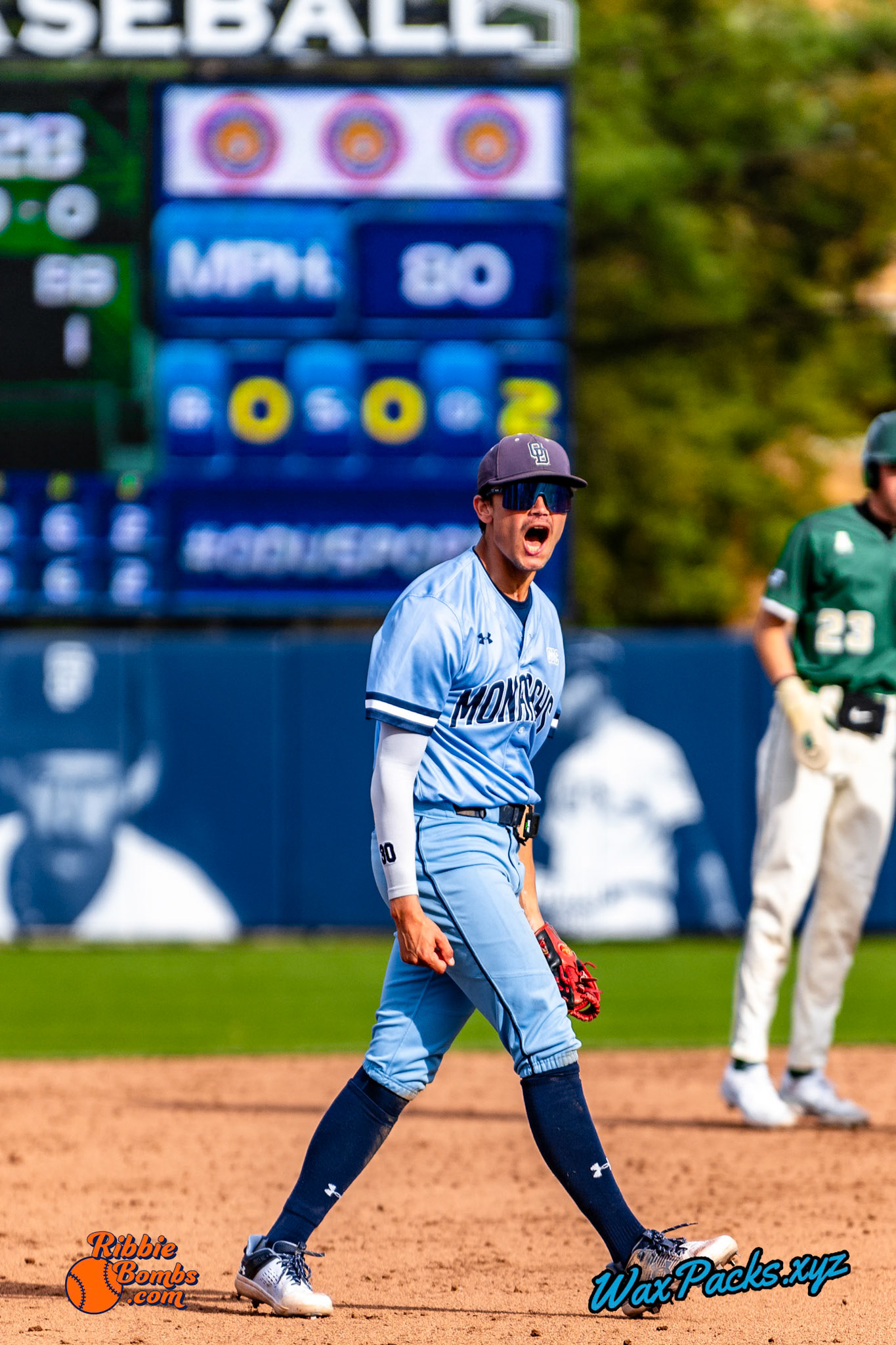 Shortstop Kyle Edwards (4) of Old Dominion walks off the field in celebration of an ODU WIN in the third game of a three-game weekend series. The Monarchs defeated the 49ers, 3-0, at Bud Metheny Baseball Stadium on the campus of Old Dominion University in Norfolk, VA, on Sunday, March 3, 2024.(Photo Credit Chad W. via www.WaxPax.xyz via Getty Images, Copyright © WaxPacks.xyz WaxPacks.xyz™ 2024)