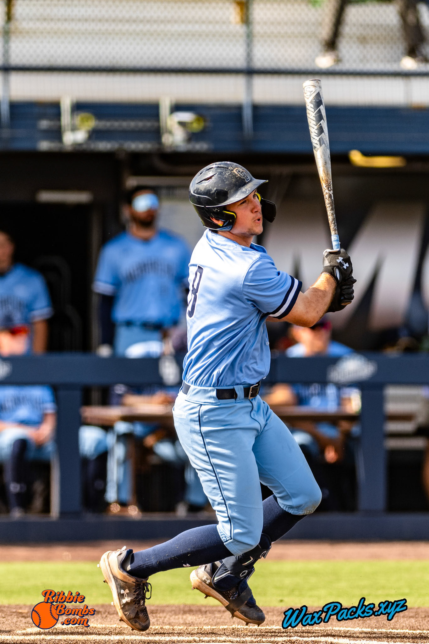 First baseman Alex Bouche (8) of Old Dominion doubled to right field in the bottom of the 4th inning in the third game of a 3-game weekend series. The Monarchs defeated the 49ers, 3-0, at Bud Metheny Baseball Stadium on the campus of Old Dominion University in Norfolk, VA, on Sunday, March 3, 2024.(Photo Credit Chad W. via www.WaxPax.xyz via Getty Images, Copyright © WaxPacks.xyz WaxPacks.xyz™ 2024)