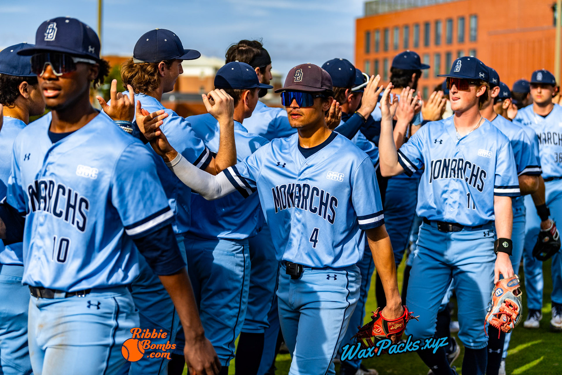 Old Dominion Team celebration after an ODU WIN in the third game of a three-game weekend series. The Monarchs defeated the 49ers, 3-0, at Bud Metheny Baseball Stadium on the campus of Old Dominion University in Norfolk, VA, on Sunday, March 3, 2024.(Photo Credit Chad W. via www.WaxPax.xyz via Getty Images, Copyright © WaxPacks.xyz WaxPacks.xyz™ 2024)
