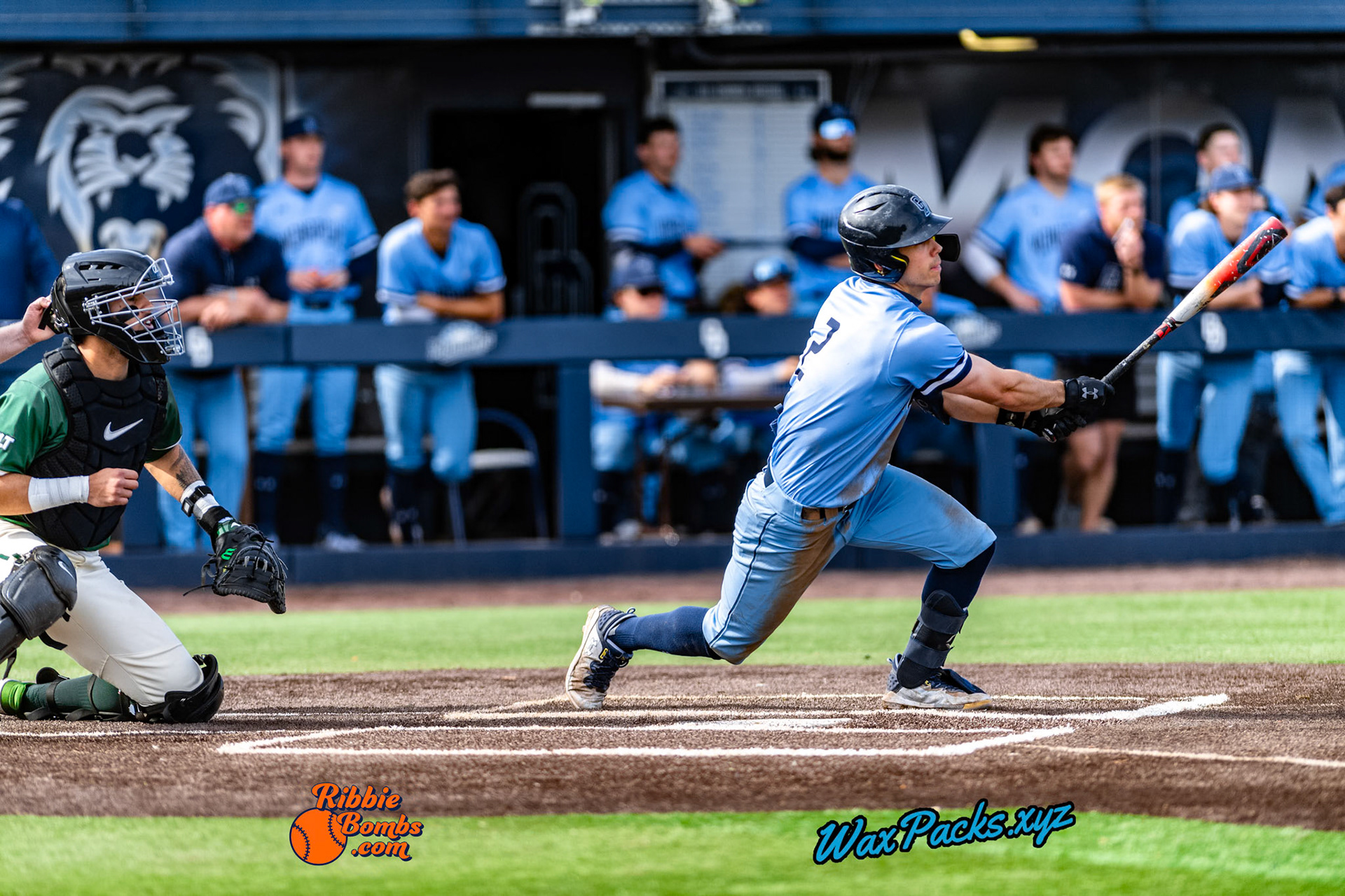 Outfielder Luke Waters (2) of Old Dominion doubled to left field in the bottom of the 3rd inning in the third game of a 3-game weekend series. The Monarchs defeated the 49ers, 3-0, at Bud Metheny Baseball Stadium on the campus of Old Dominion University in Norfolk, VA, on Sunday, March 3, 2024.(Photo Credit Chad W. via www.WaxPax.xyz via Getty Images, Copyright © WaxPacks.xyz WaxPacks.xyz™ 2024)