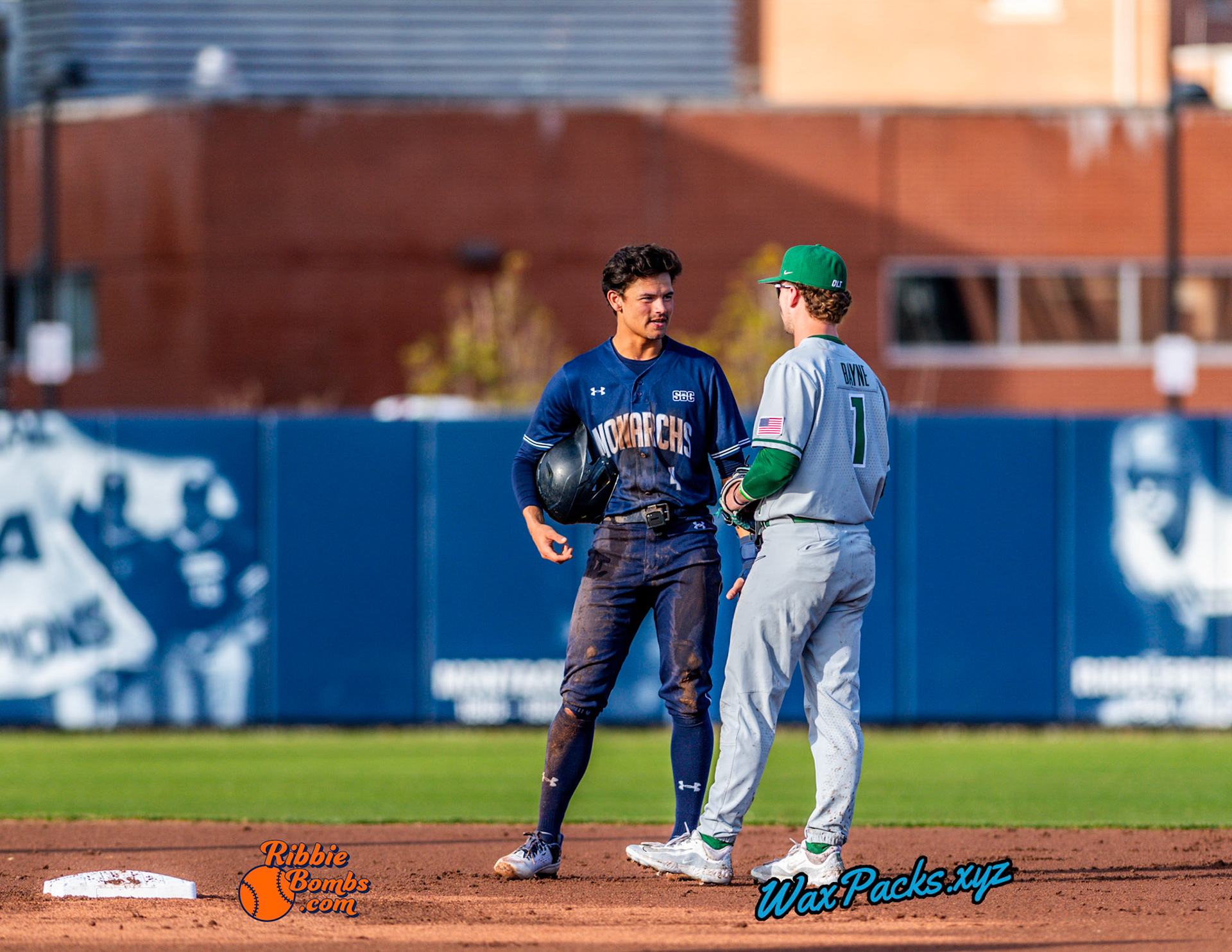 Shortstop Kyle Edwards (4) of Old Dominion talks to infielder  Carson Bayne (1) of Charlotte in the first inning of the second game of a three-game weekend series. The Monarchs defeated the 49ers, 4-1, at Bud Metheny Baseball Stadium on the campus of Old Dominion University in Norfolk, VA, on Saturday, March 2, 2024.  (Photo Credit Chad W. via www.WaxPax.xyz via Getty Images, Copyright © WaxPacks.xyz WaxPacks.xyz™ 2024)