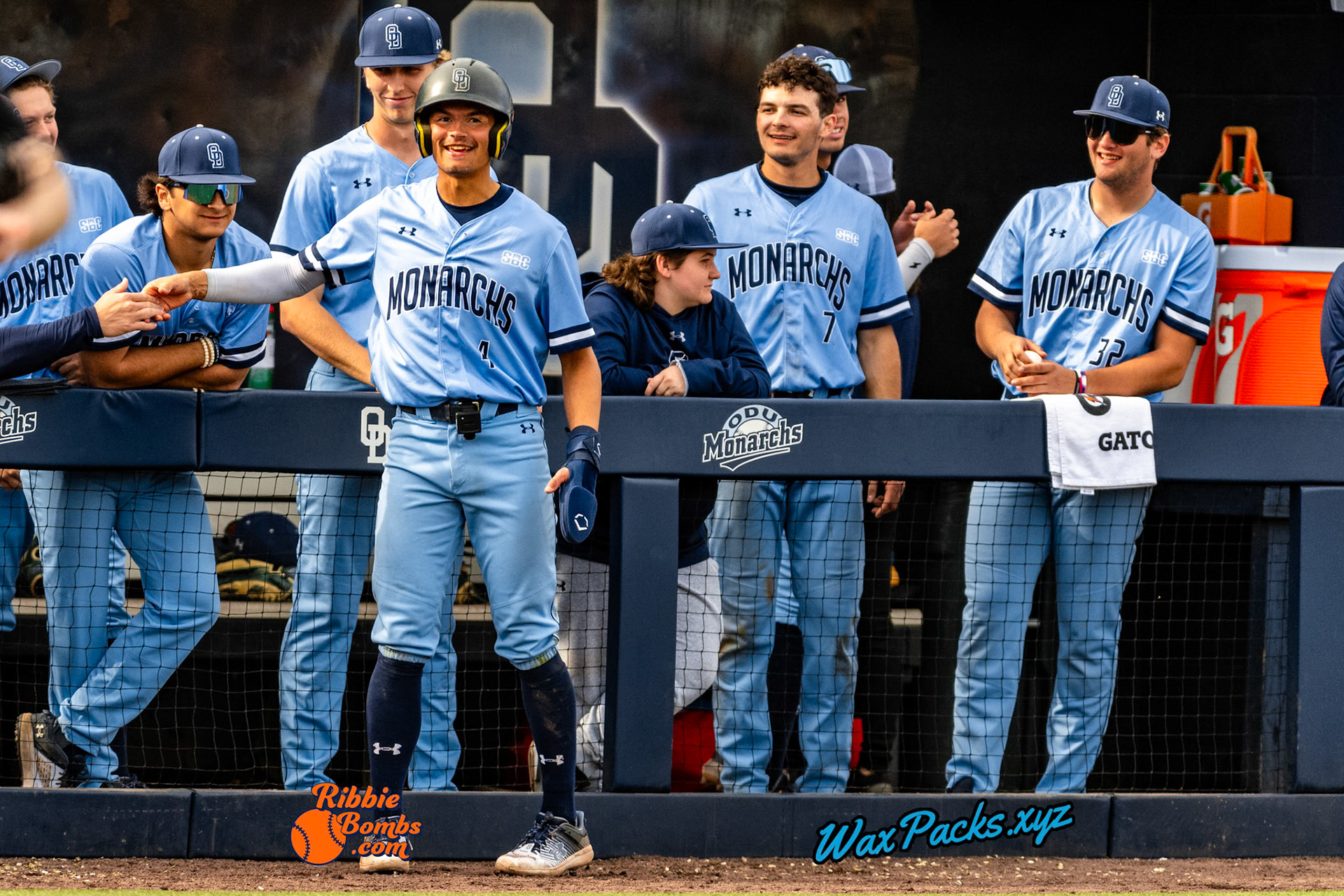 Shortstop Kyle Edwards (4) of Old Dominion doubled down the left field line, RBI (1-1 KB) RibbieBombs.com; in the bottom of the 7th inning in the third game of a 3-game weekend series. The Monarchs defeated the 49ers, 3-0, at Bud Metheny Baseball Stadium on the campus of Old Dominion University in Norfolk, VA, on Sunday, March 3, 2024.(Photo Credit Chad W. via www.WaxPax.xyz via Getty Images, Copyright © WaxPacks.xyz WaxPacks.xyz™ 2024)
