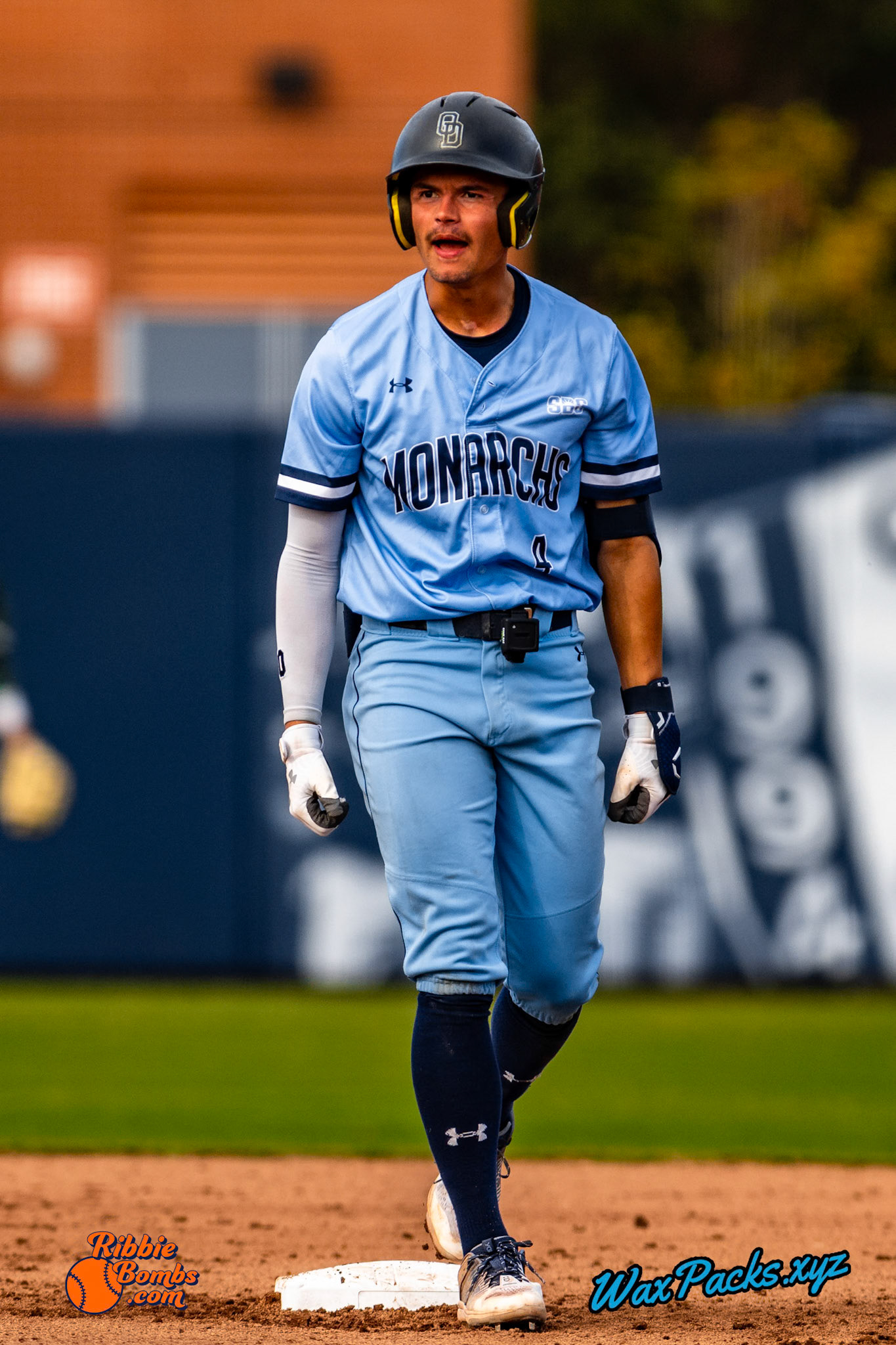 Shortstop Kyle Edwards (4) of Old Dominion doubled down the left field line, RBI (1-1 KB) RibbieBombs.com; in the bottom of the 7th inning in the third game of a 3-game weekend series. The Monarchs defeated the 49ers, 3-0, at Bud Metheny Baseball Stadium on the campus of Old Dominion University in Norfolk, VA, on Sunday, March 3, 2024.(Photo Credit Chad W. via www.WaxPax.xyz via Getty Images, Copyright © WaxPacks.xyz WaxPacks.xyz™ 2024)